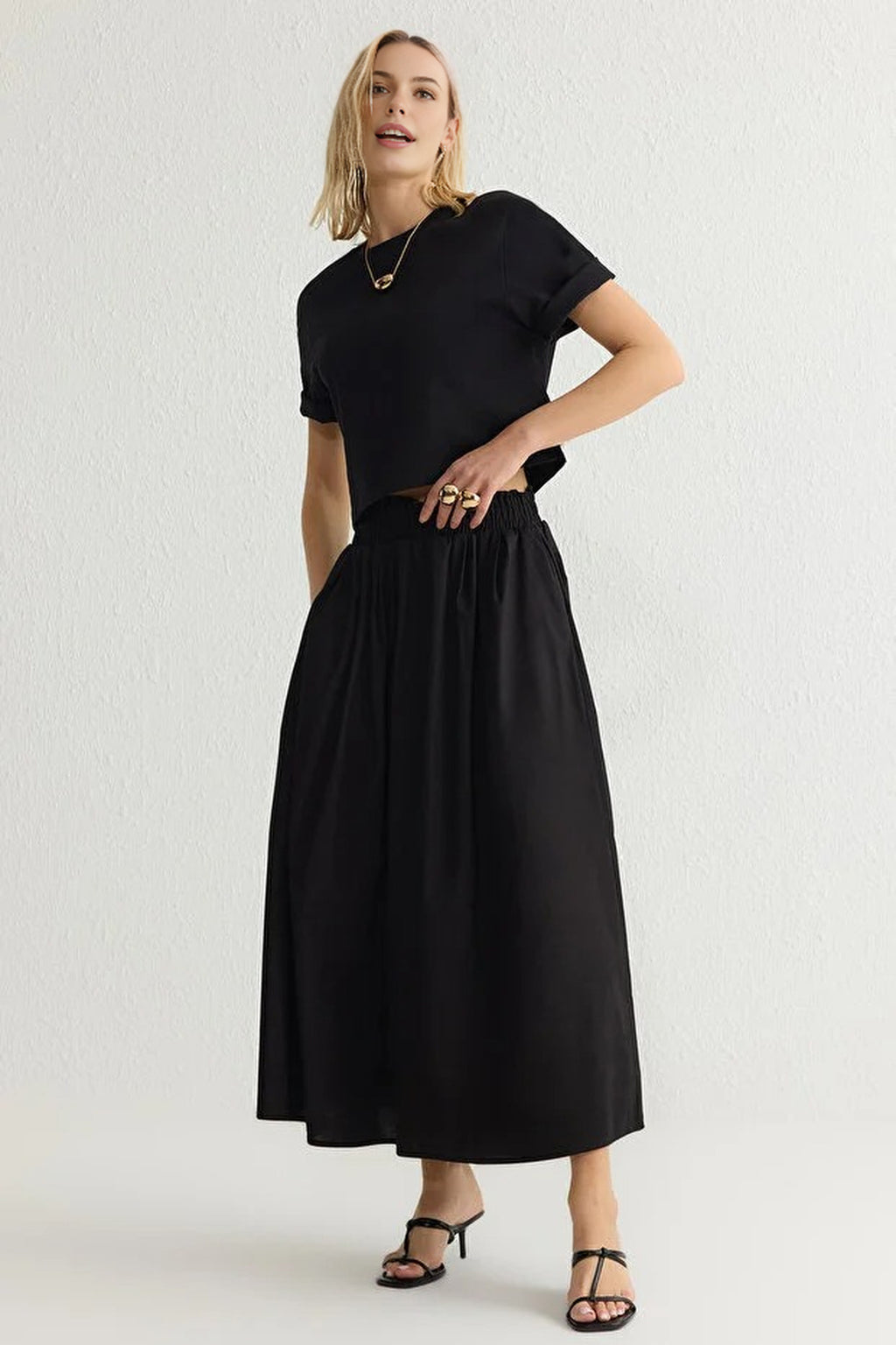Flared Maxi Elastic Waist Woven Skirt