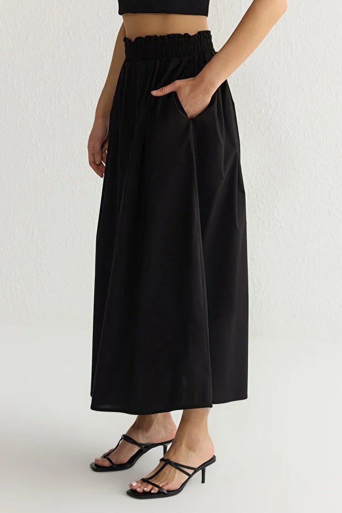 Flared Maxi Elastic Waist Woven Skirt
