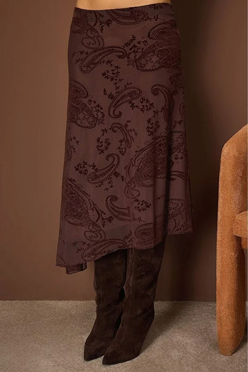 Asymmetrical Skater Stretch Tulle Knit Skirt with Flock Print