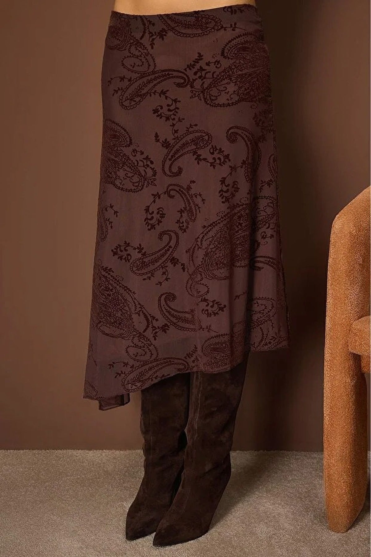 Asymmetrical Skater Stretch Tulle Knit Skirt with Flock Print