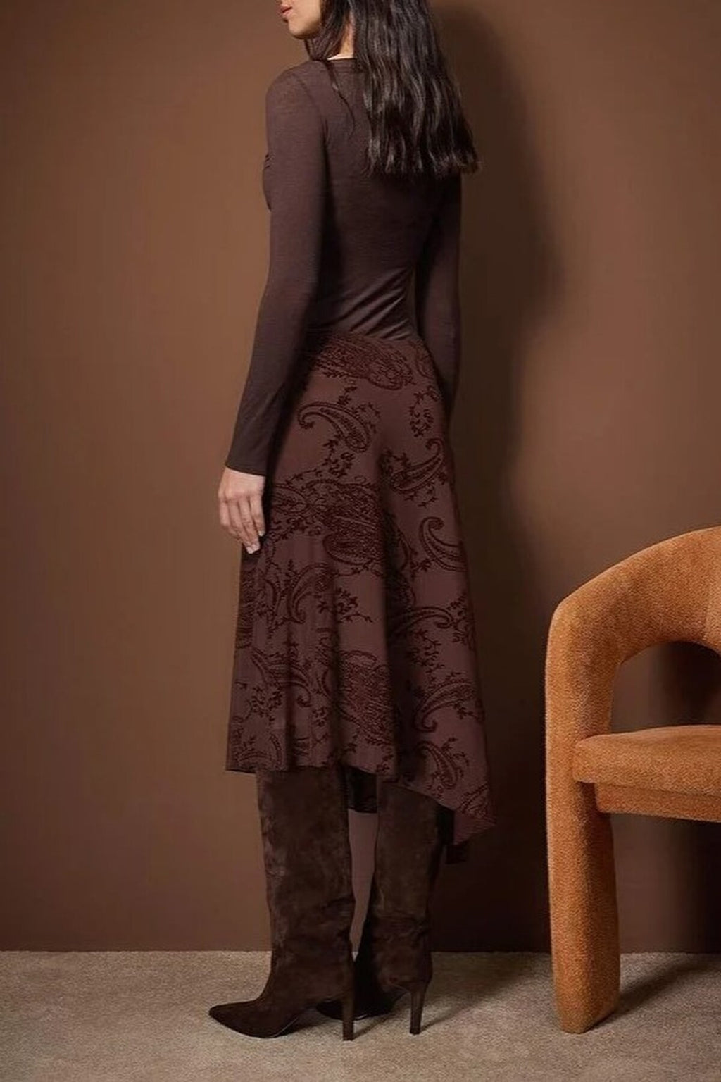 Asymmetrical Skater Stretch Tulle Knit Skirt with Flock Print