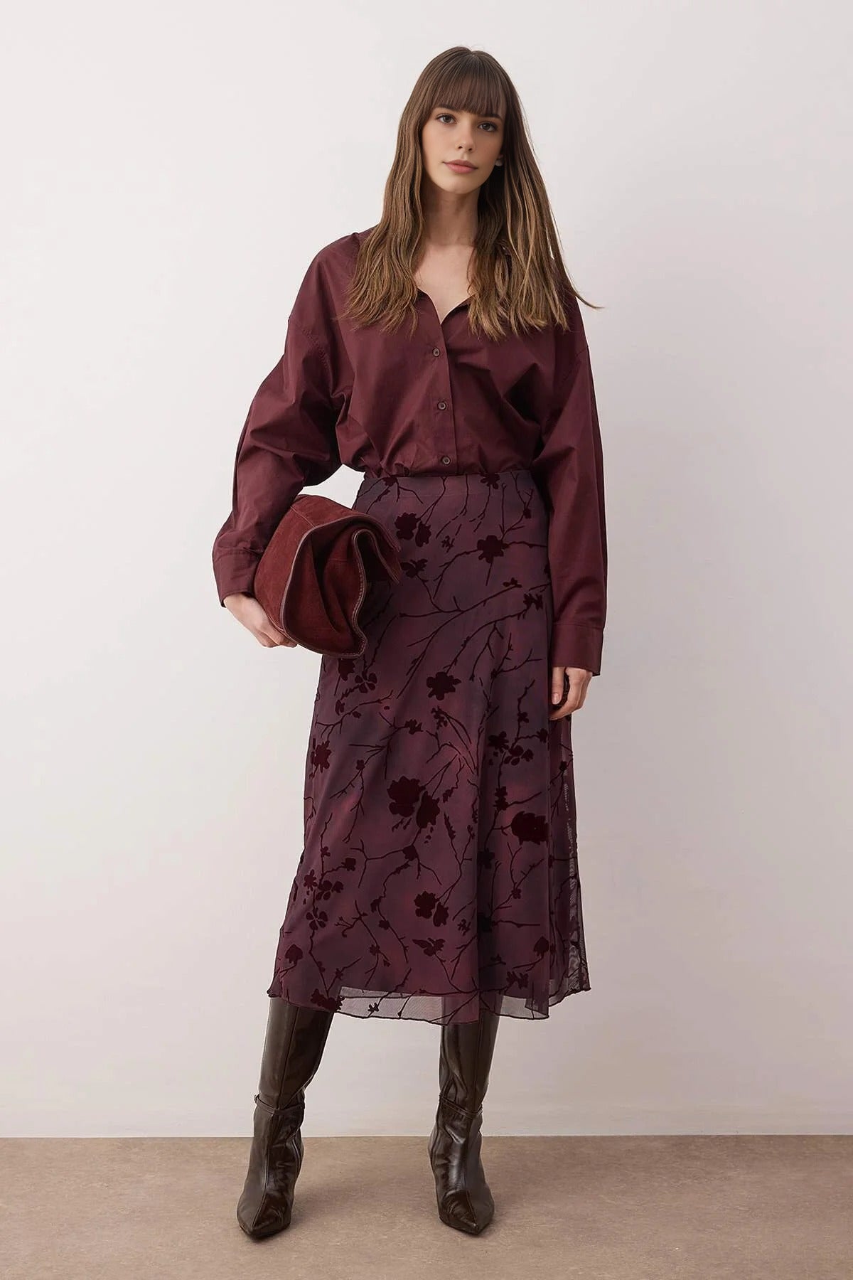 Pencil Maxi Tulle Flexible Knit Skirt with Flock Print