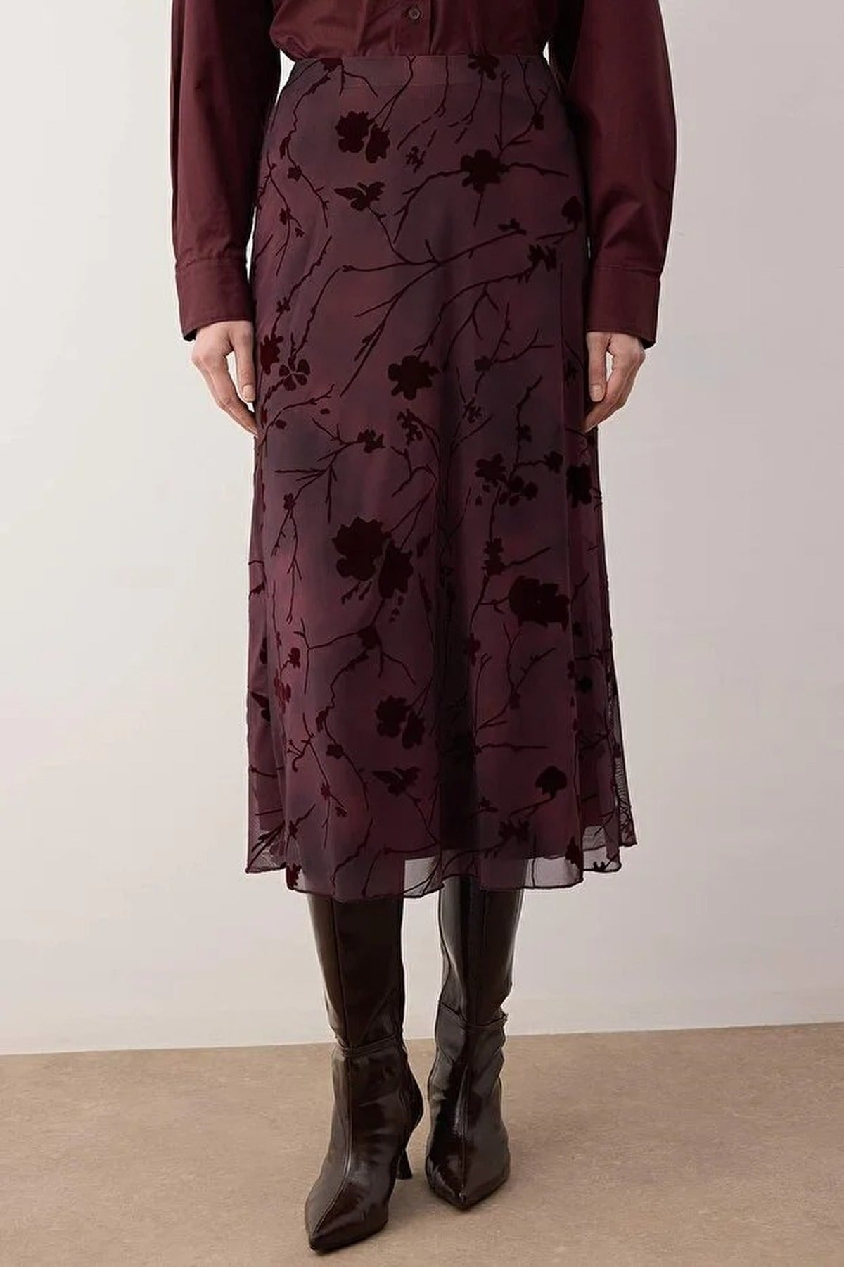 Pencil Maxi Tulle Flexible Knit Skirt with Flock Print