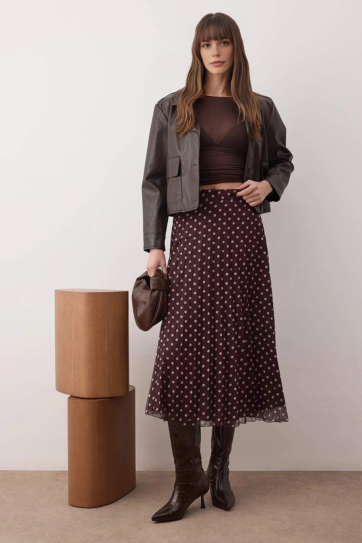 Polka Dot Lined Chiffon Pleated Midi Skirt