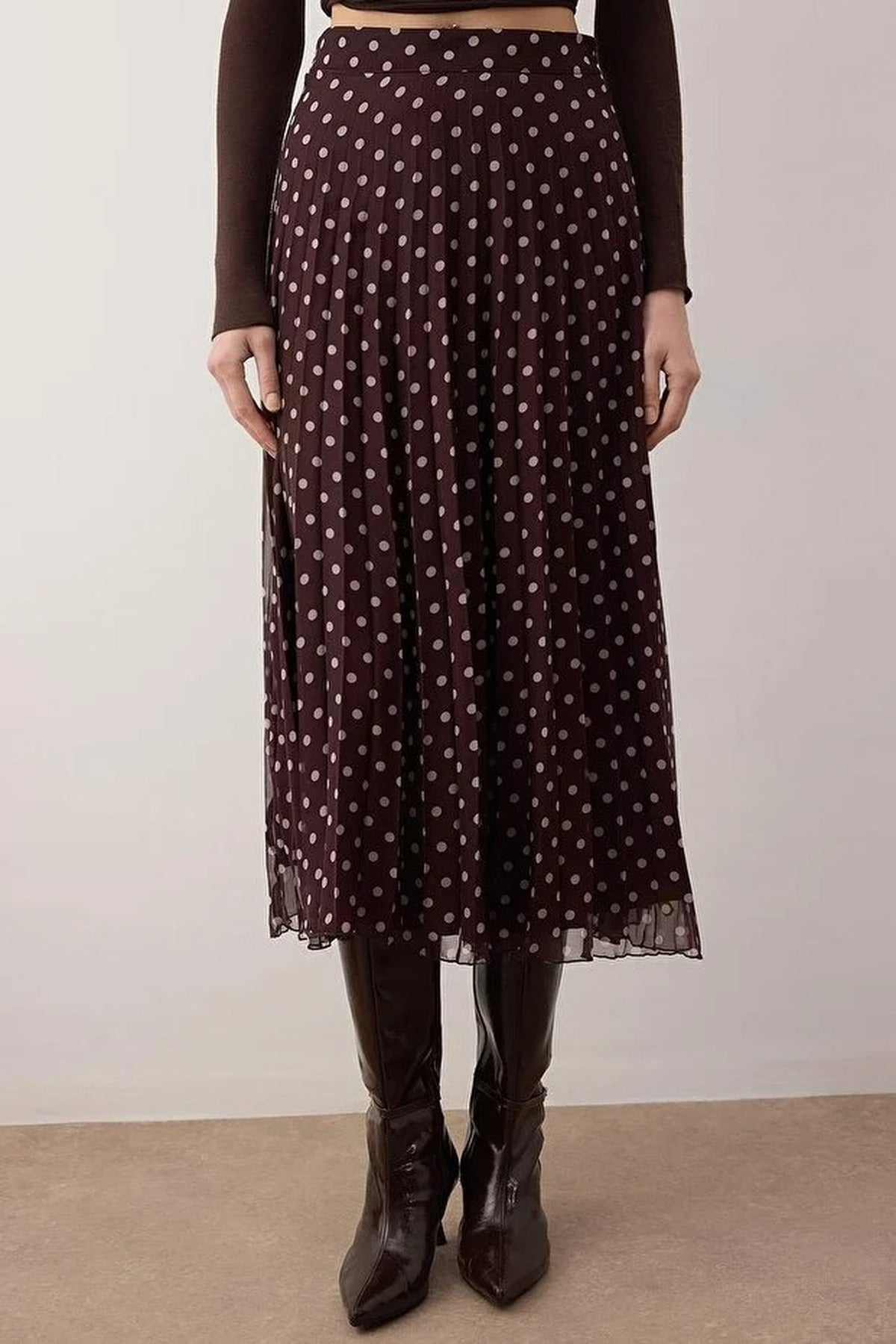 Polka Dot Lined Chiffon Pleated Midi Skirt