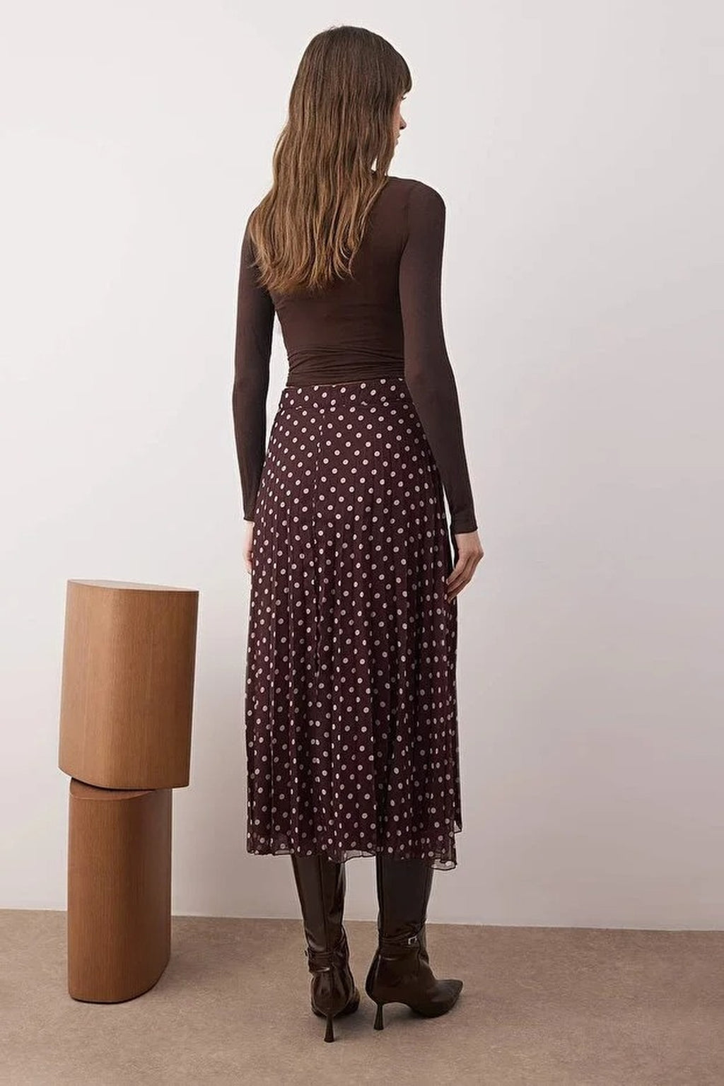 Polka Dot Lined Chiffon Pleated Midi Skirt