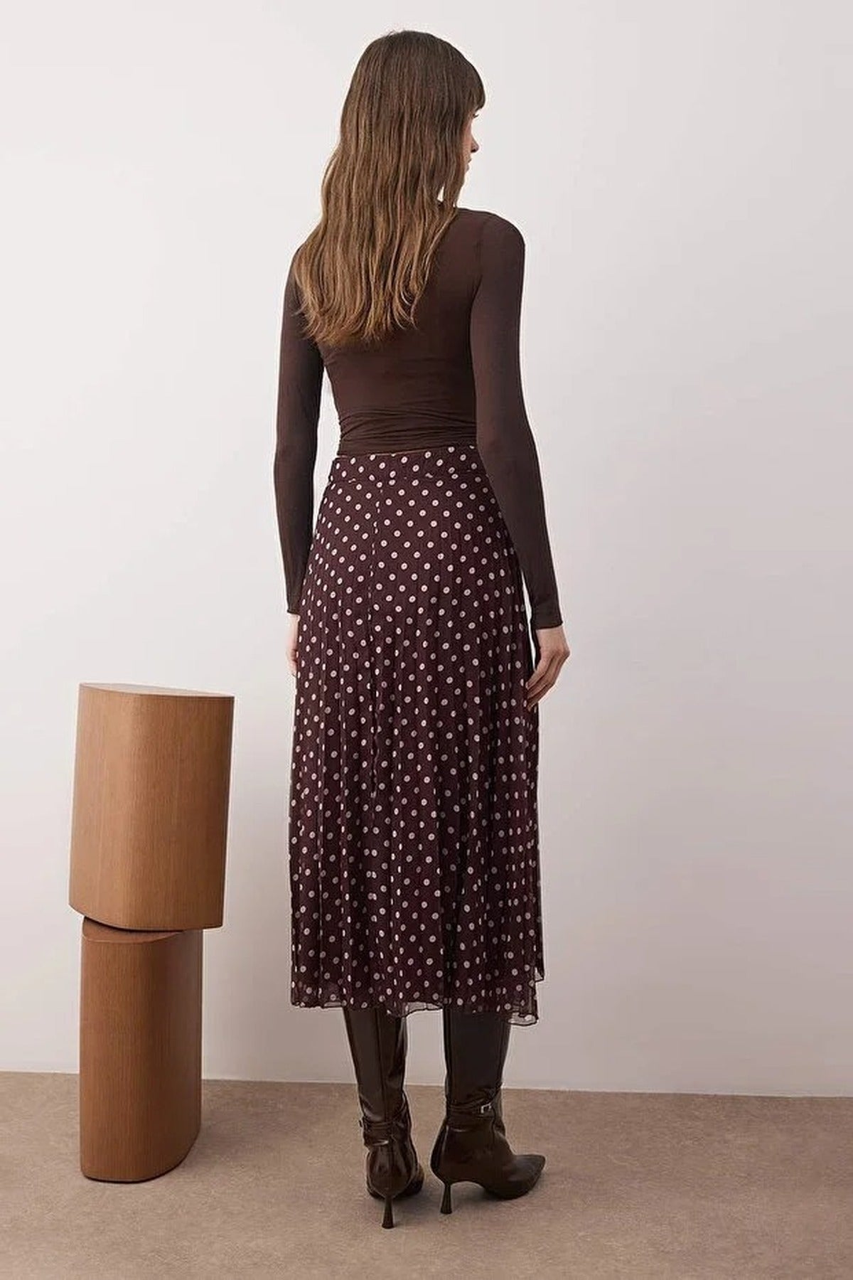 Polka Dot Lined Chiffon Pleated Midi Skirt