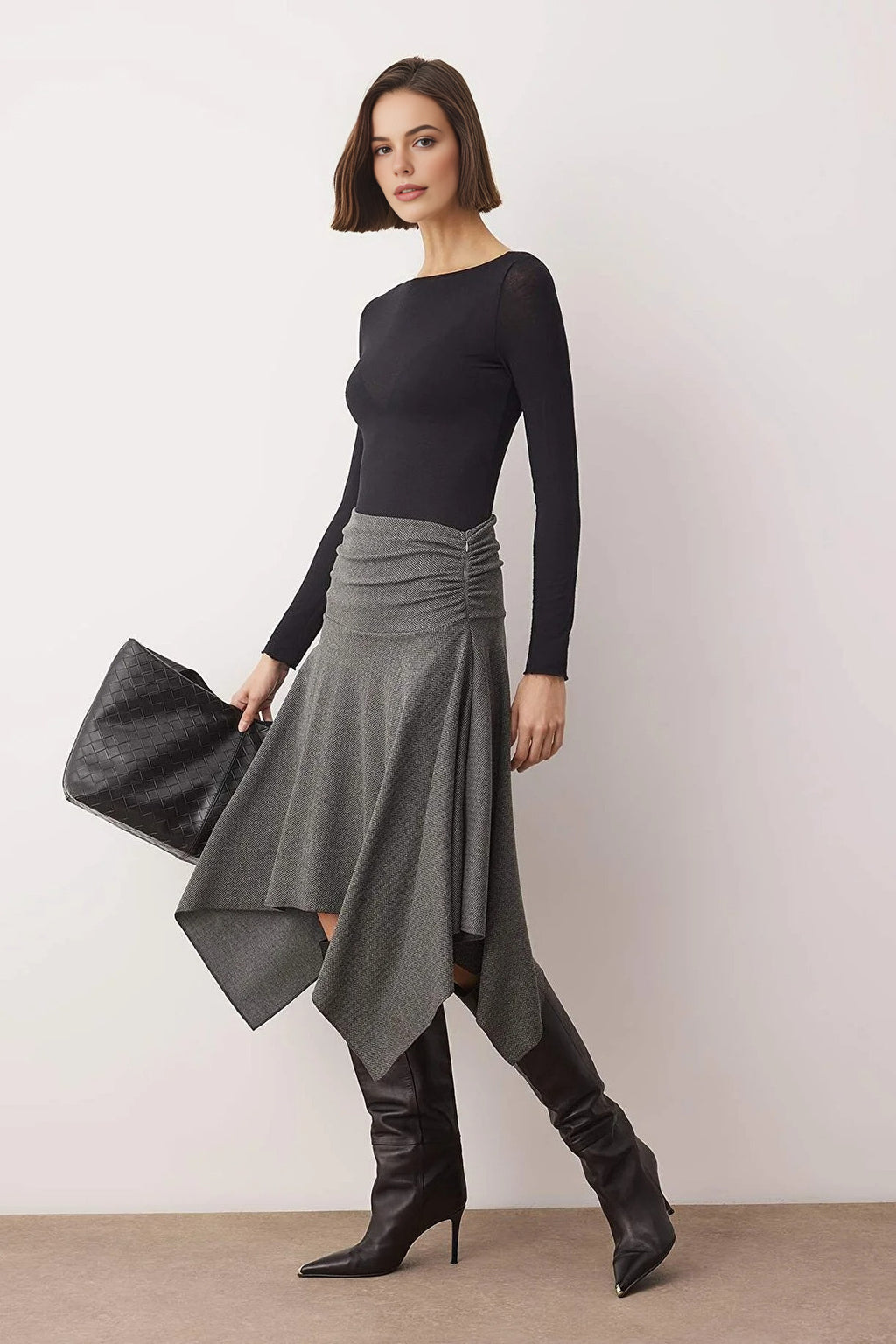 Jacquard Skater Asymmetrical Midi Knit Skirt