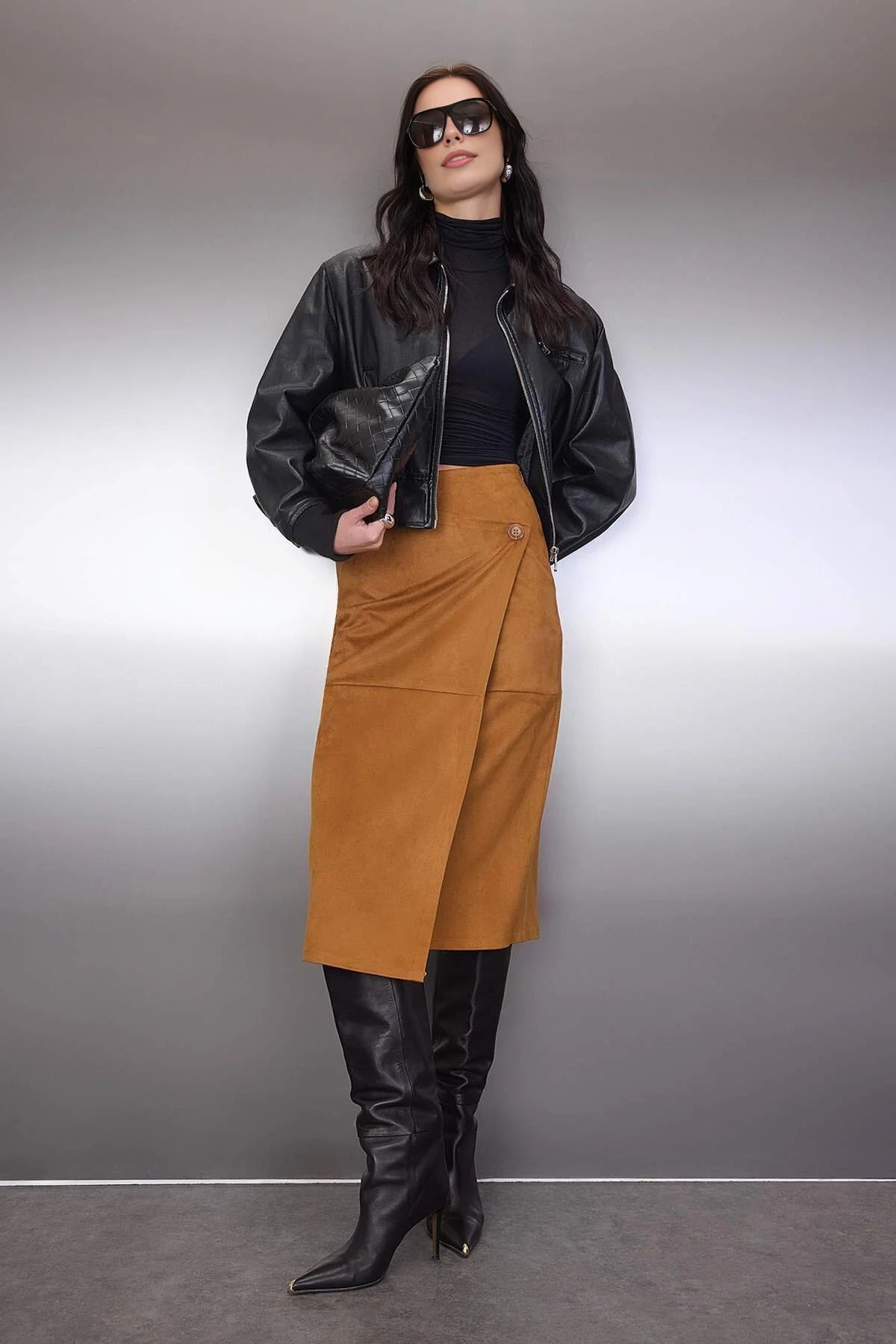 Suede Wrap Buttoned Knit Midi Skirt