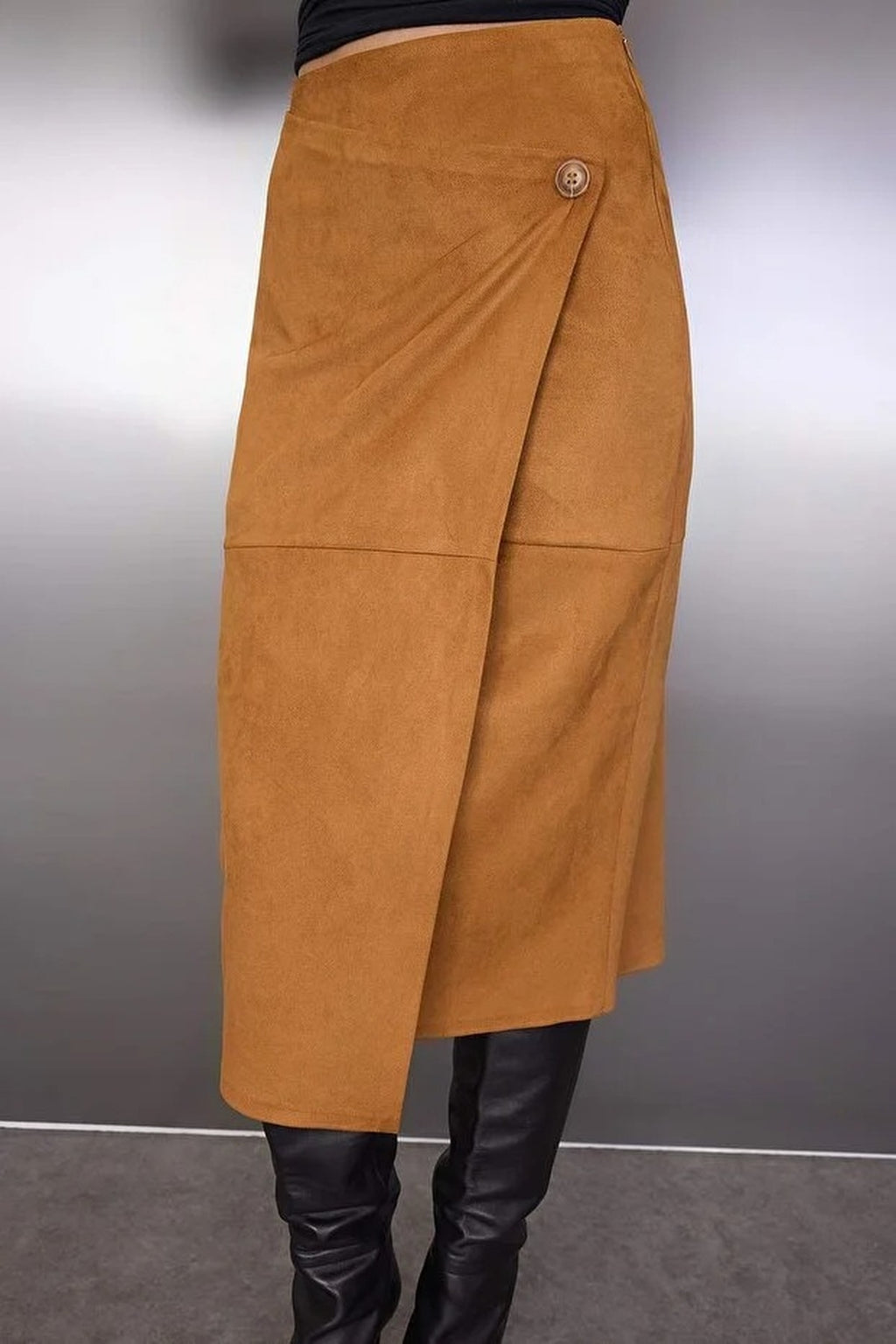 Suede Wrap Buttoned Knit Midi Skirt
