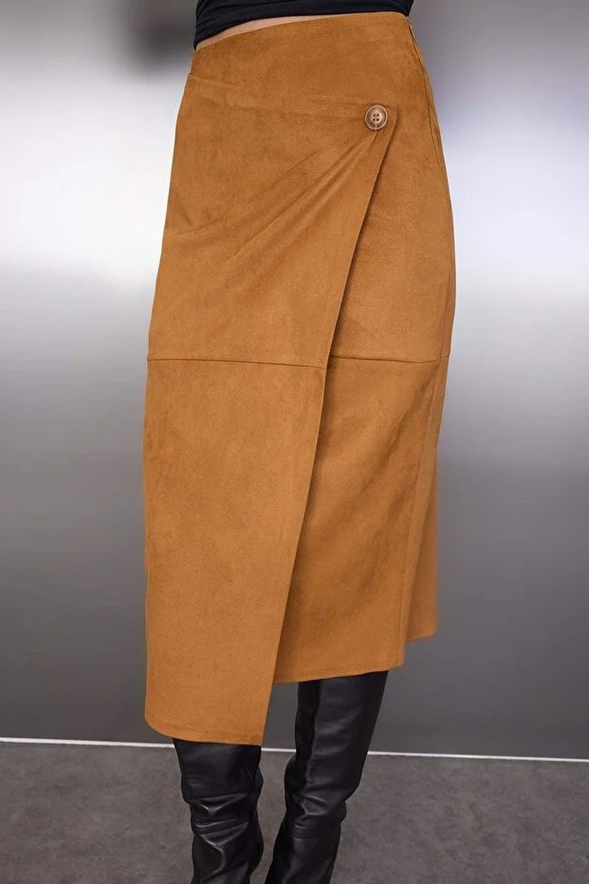 Suede Wrap Buttoned Knit Midi Skirt