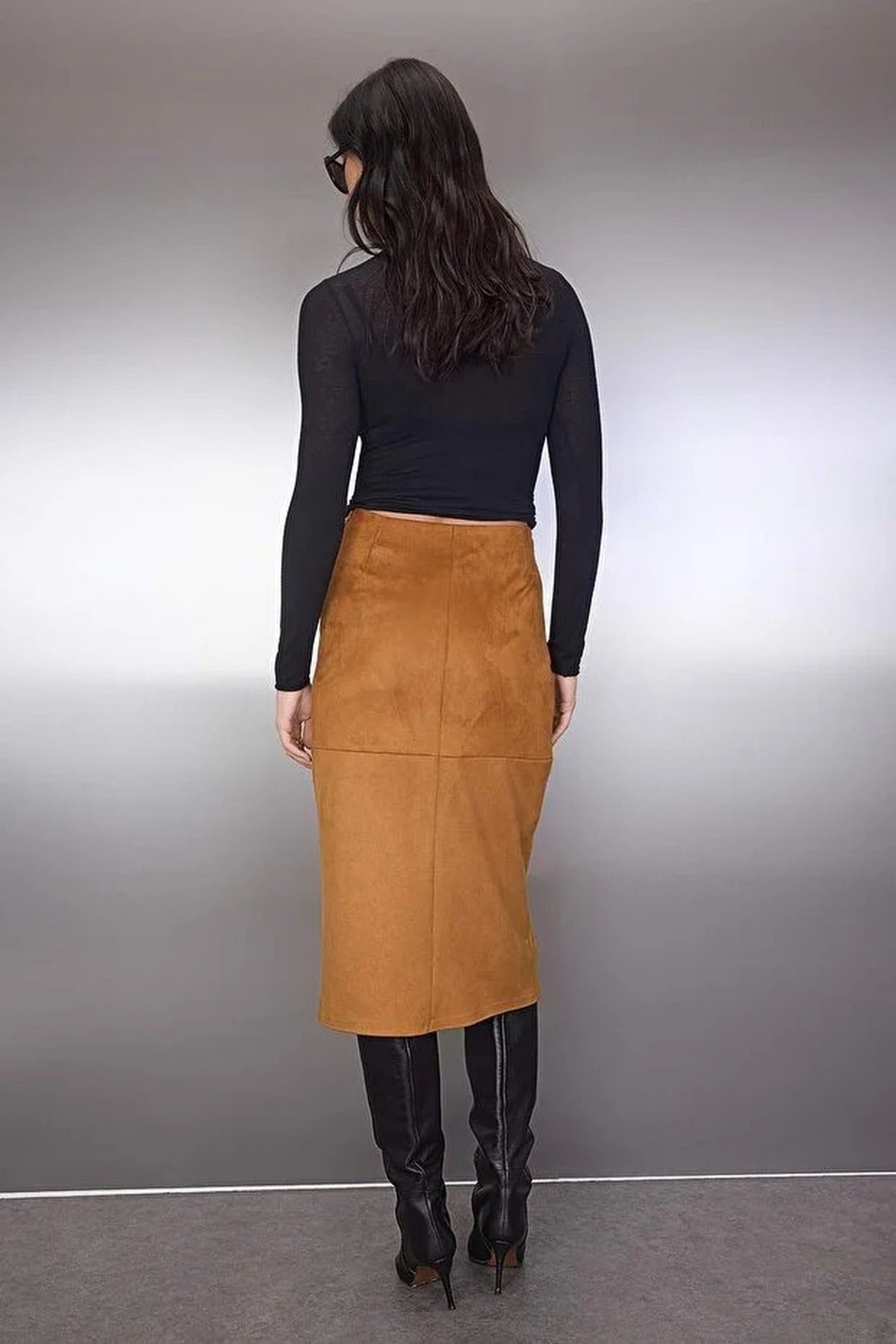 Suede Wrap Buttoned Knit Midi Skirt