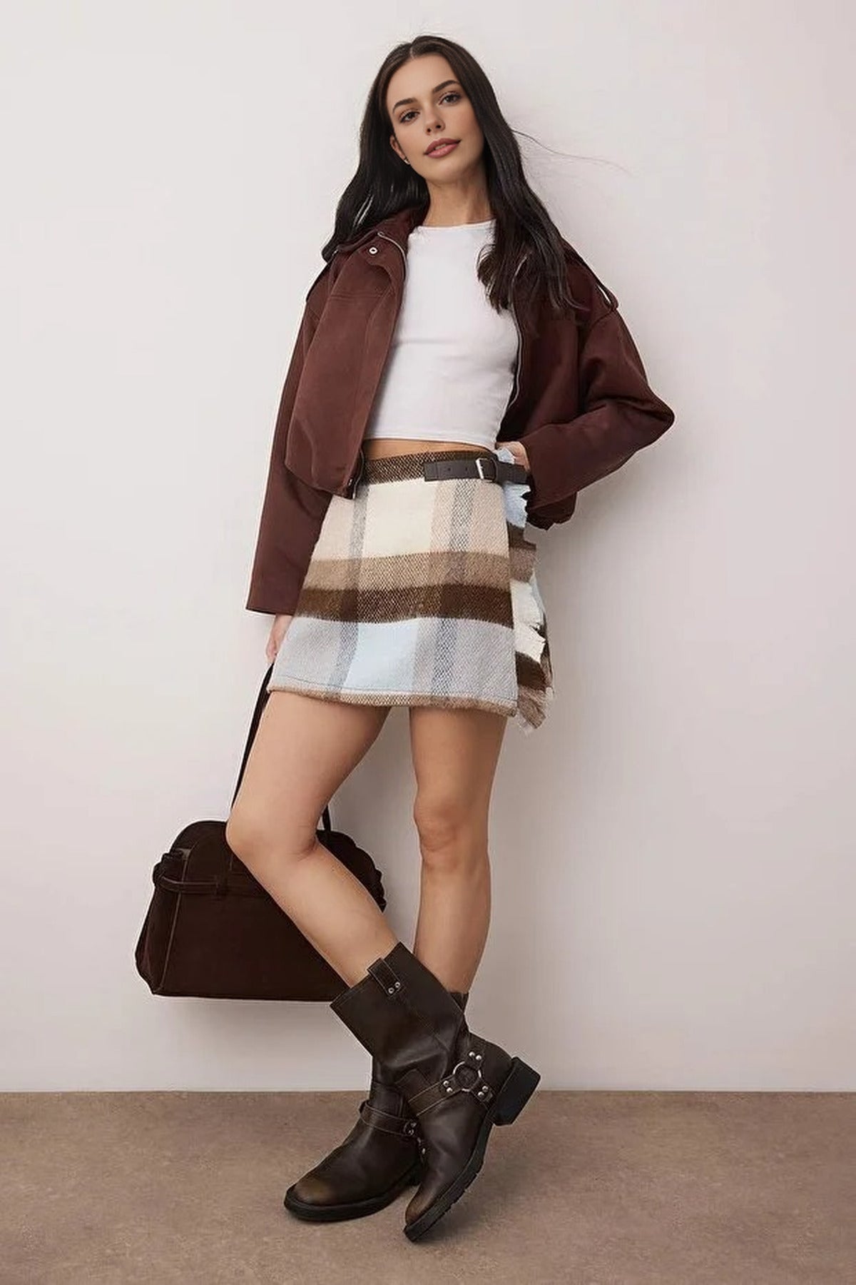 Argyle Pattern Woven Winter Mini Skirt with Belt Detail
