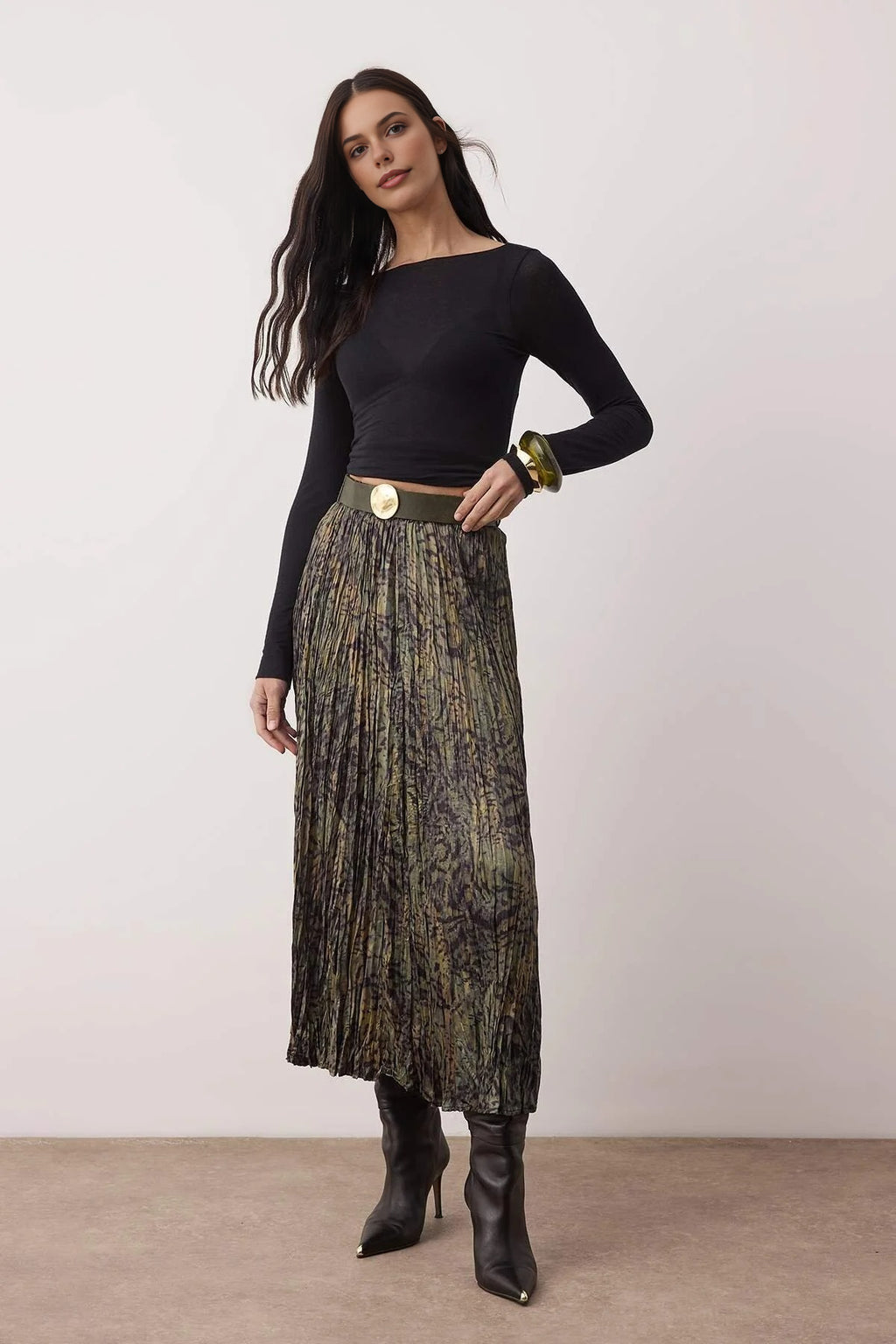 Animal Print Belted Midi Woven Satin Pleated Skirt