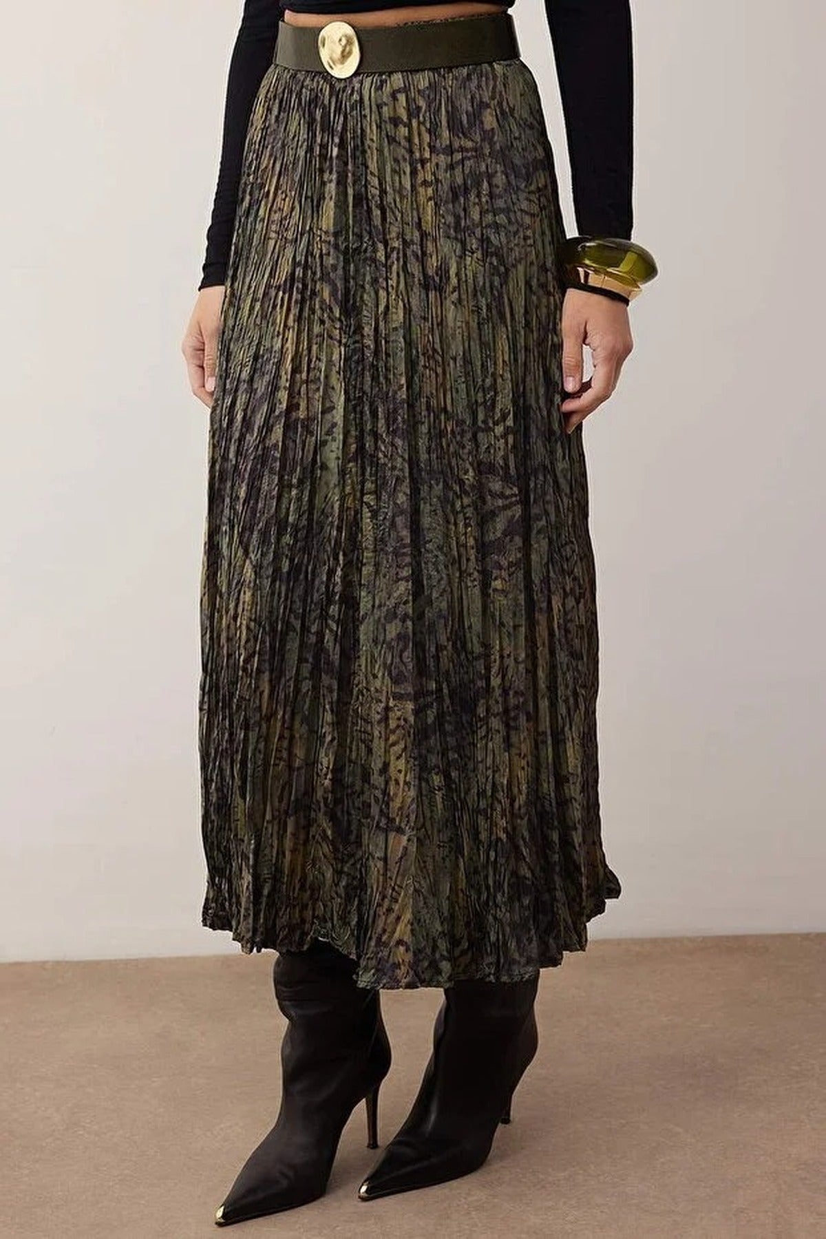 Animal Print Belted Midi Woven Satin Pleated Skirt