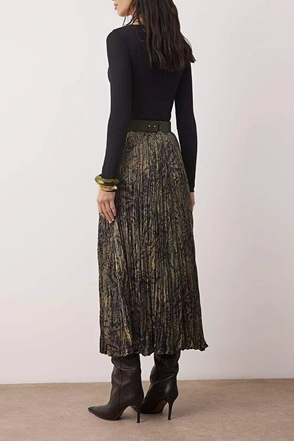 Animal Print Belted Midi Woven Satin Pleated Skirt