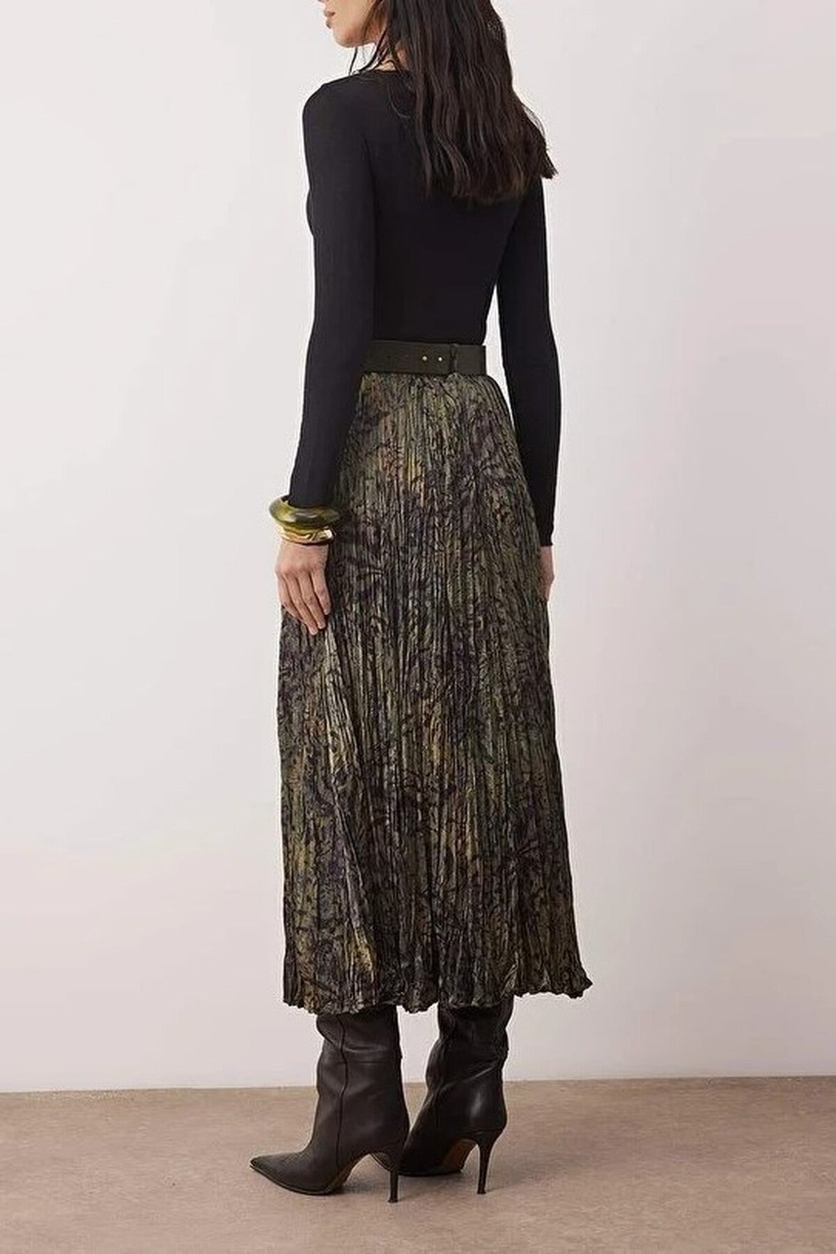 Animal Print Belted Midi Woven Satin Pleated Skirt