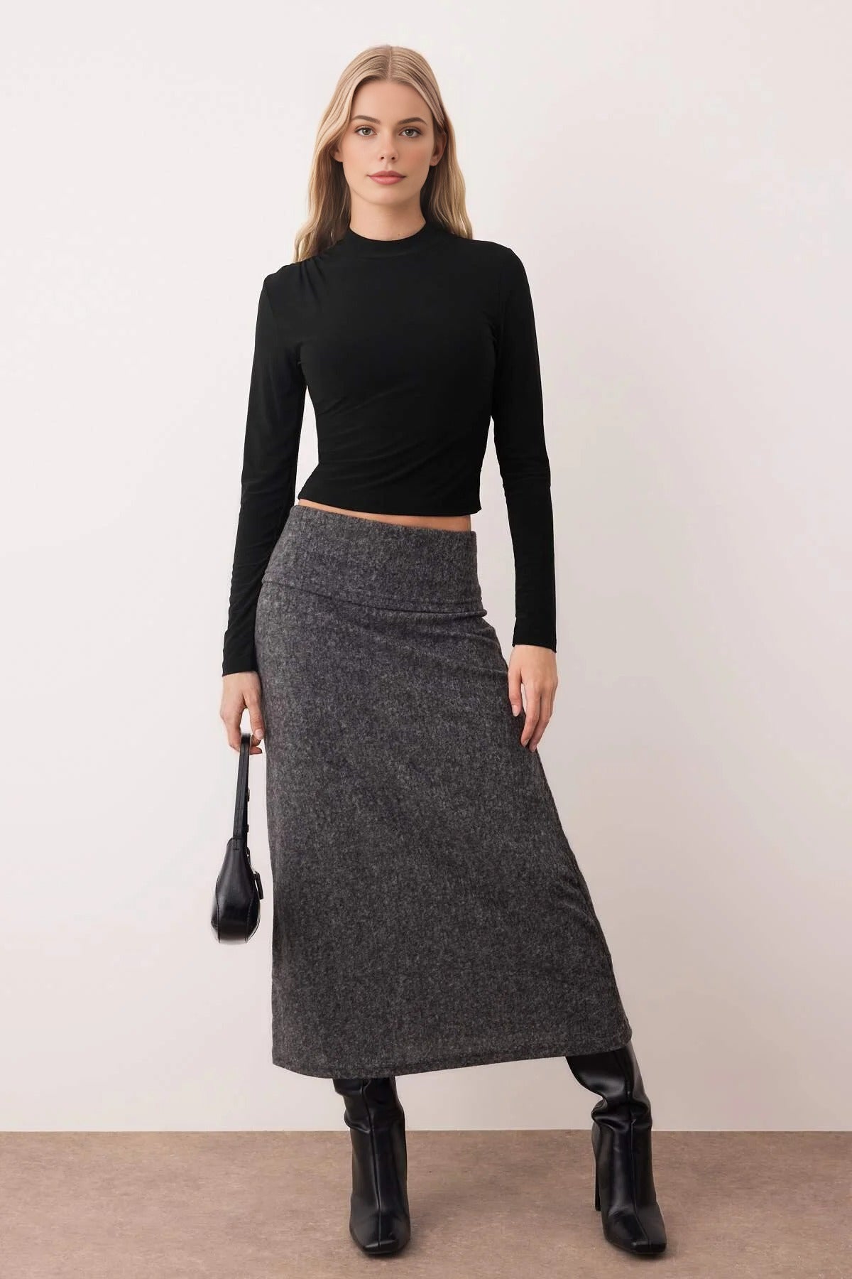A-Line Knit Skirt with Folded Waist