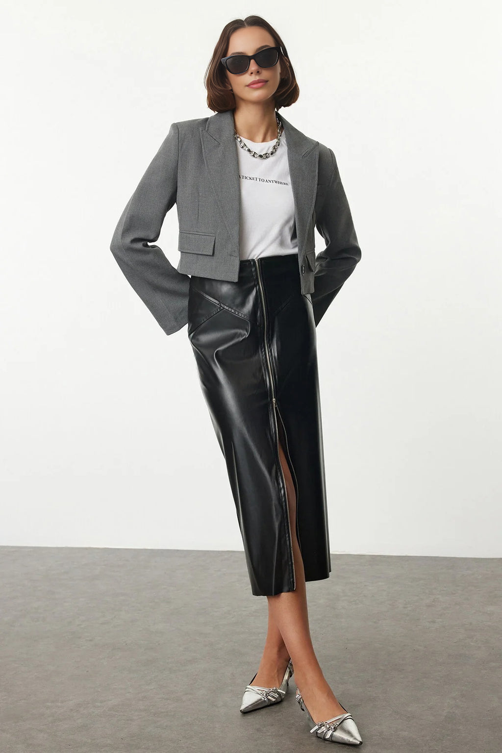 Midi Shiny Faux Leather Woven Skirt with Zipper Detail