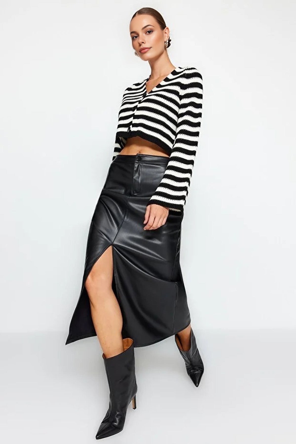 Slit Faux Leather High Waist Maxi Knit Skirt