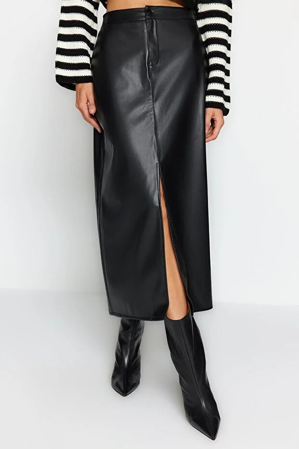 Slit Faux Leather High Waist Maxi Knit Skirt
