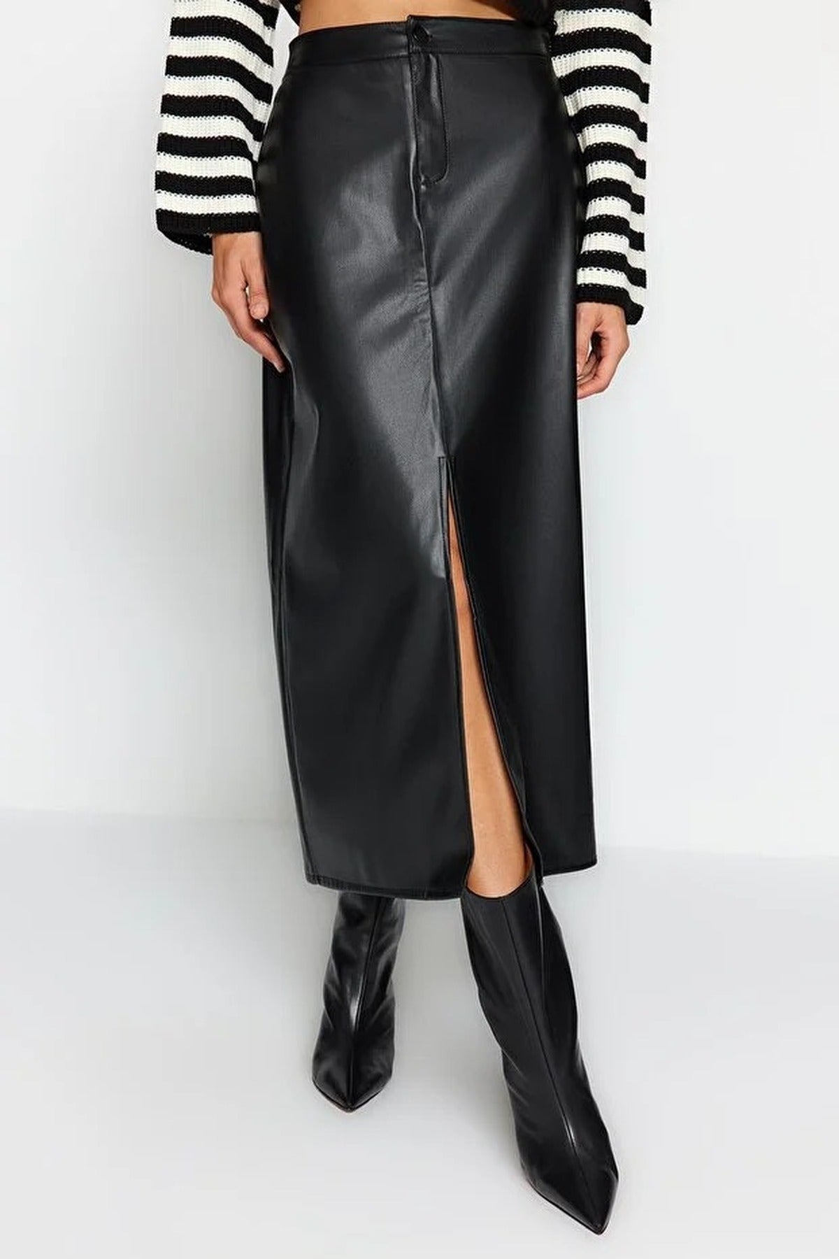 Slit Faux Leather High Waist Maxi Knit Skirt