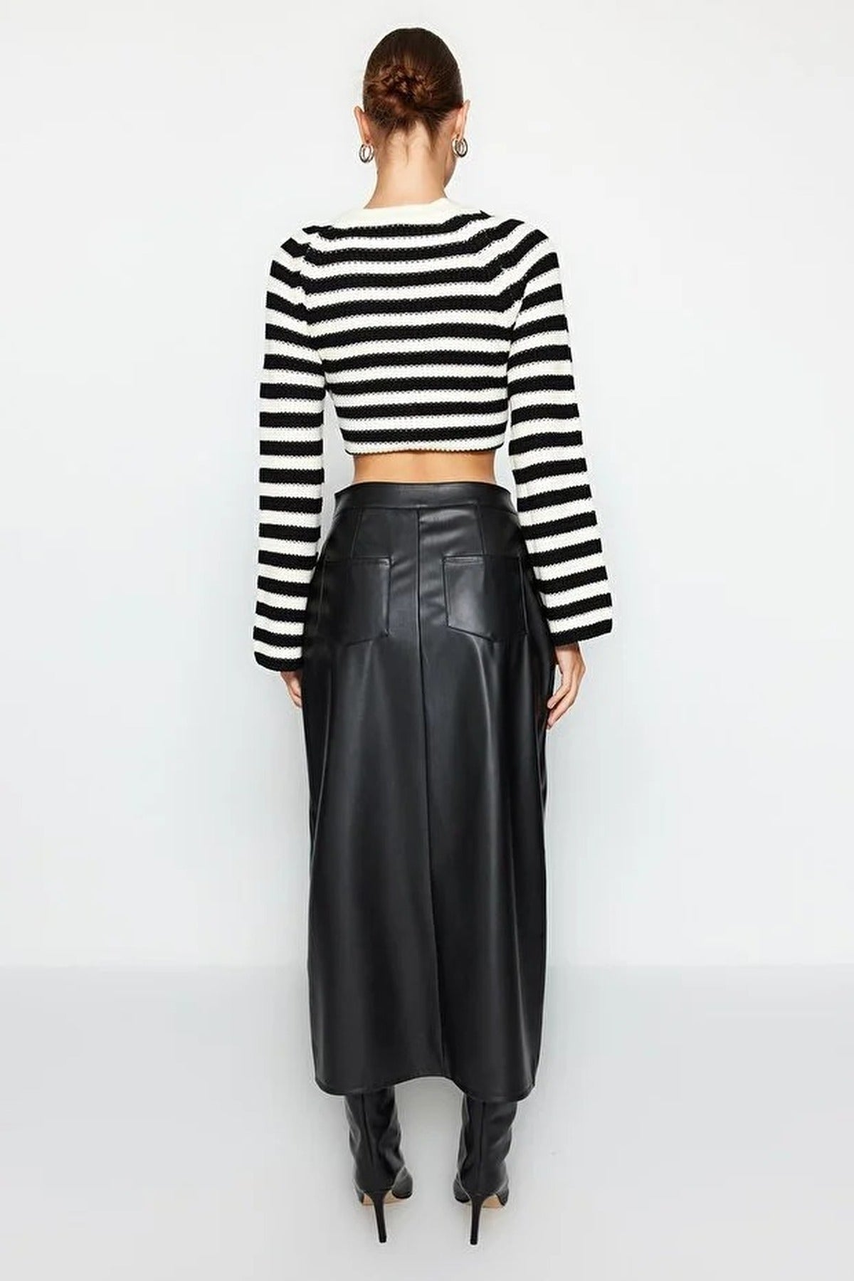 Slit Faux Leather High Waist Maxi Knit Skirt