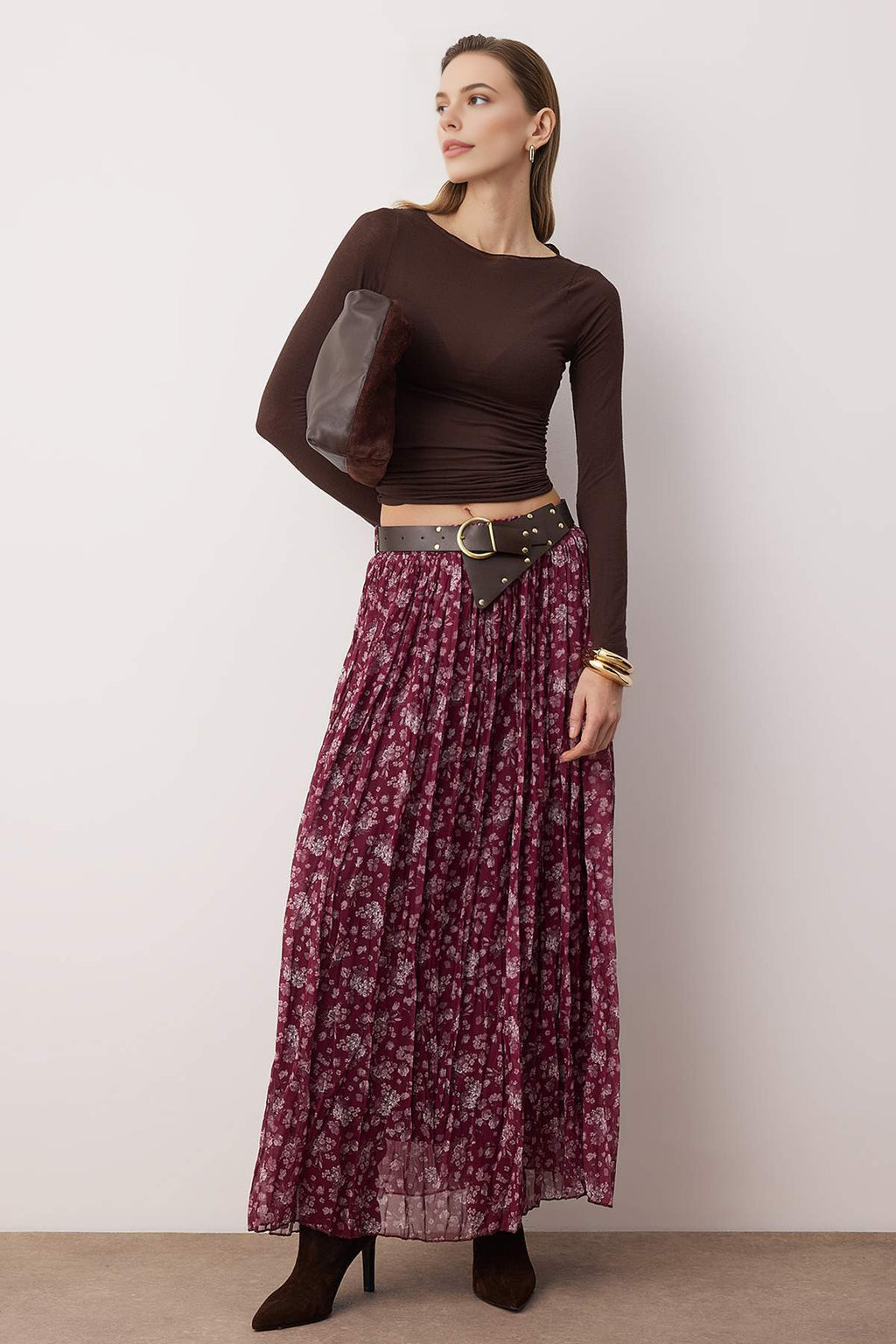 Belted Floral Chiffon Wrinkled Long Skirt