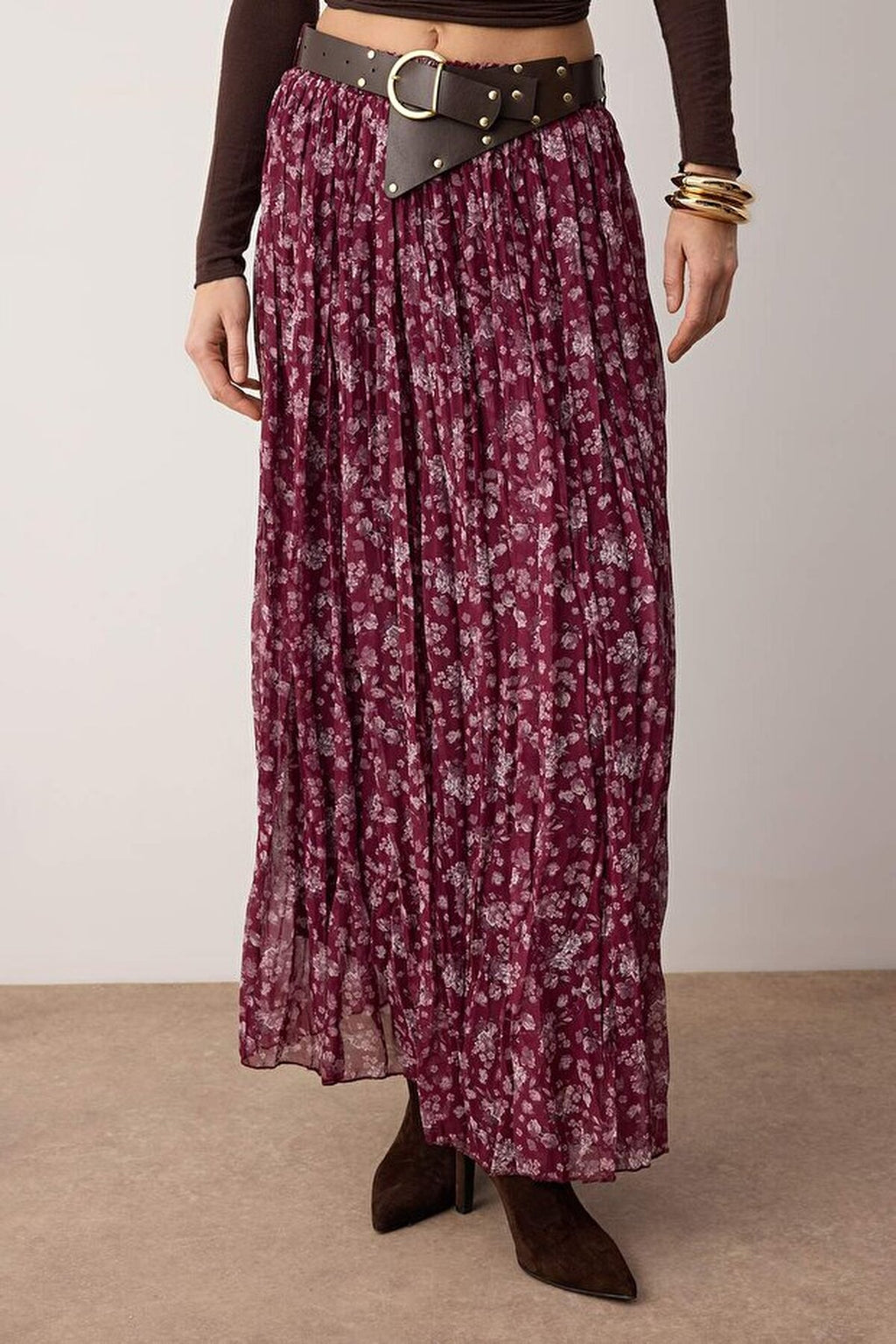 Belted Floral Chiffon Wrinkled Long Skirt