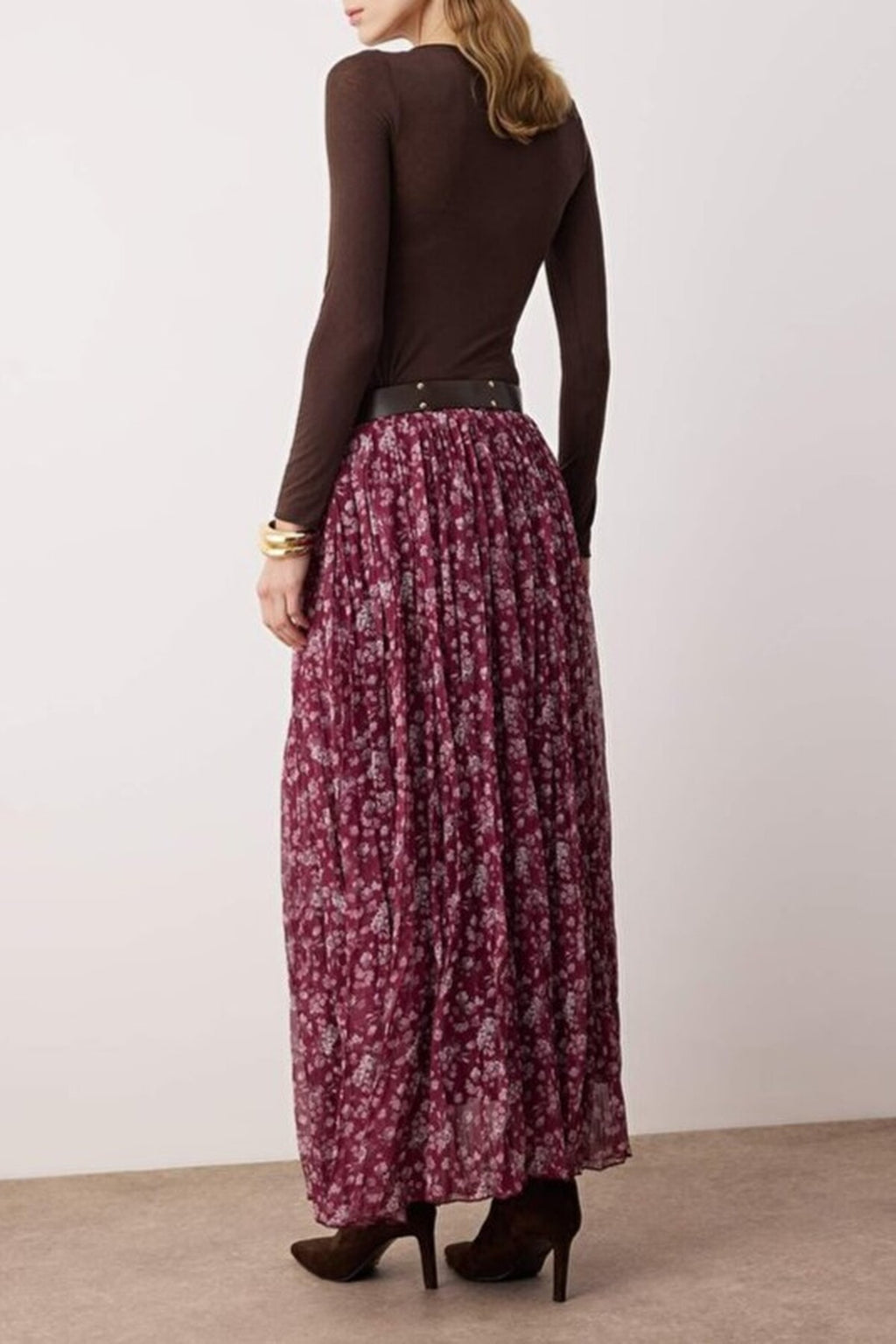Belted Floral Chiffon Wrinkled Long Skirt