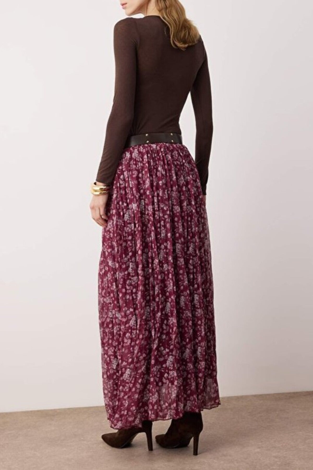 Belted Floral Chiffon Wrinkled Long Skirt
