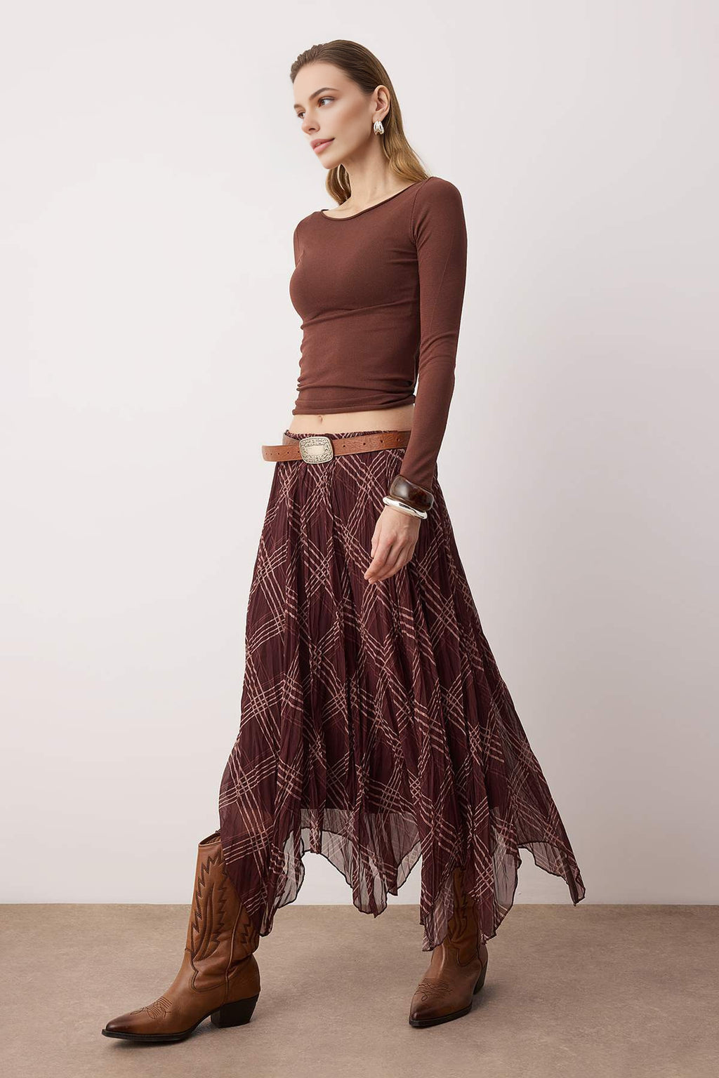 Lined Chiffon Wrinkled Asymmetrical Long Skirt