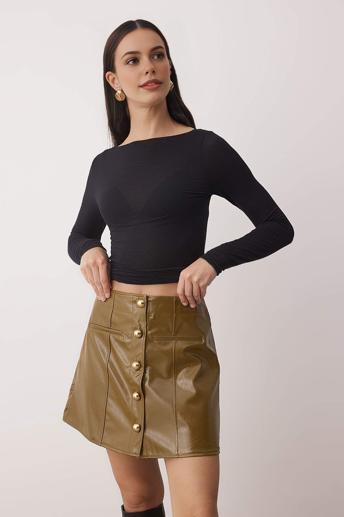 Patent Leather Mini Party Skirt with Gold Buttons