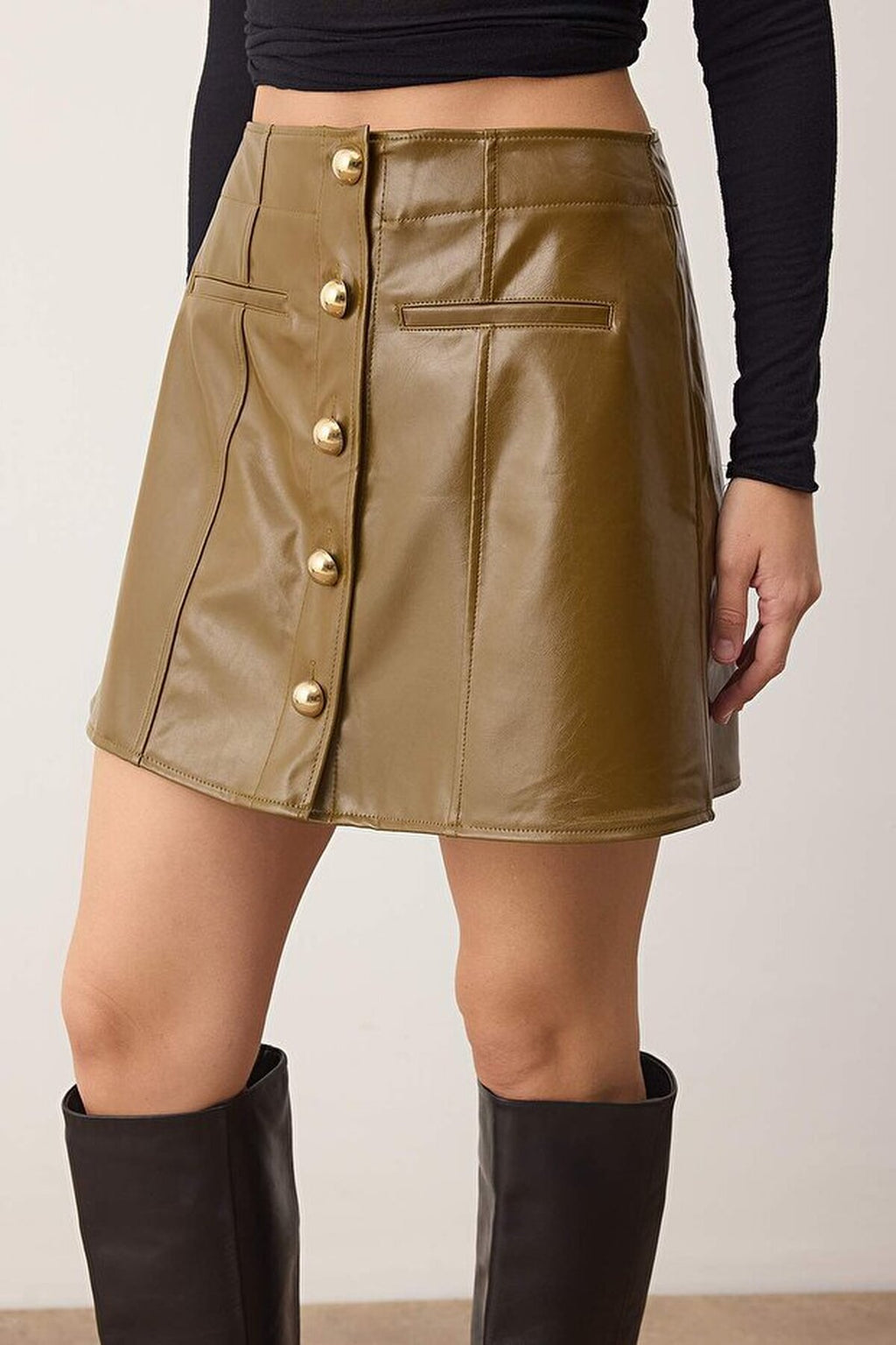 Patent Leather Mini Party Skirt with Gold Buttons