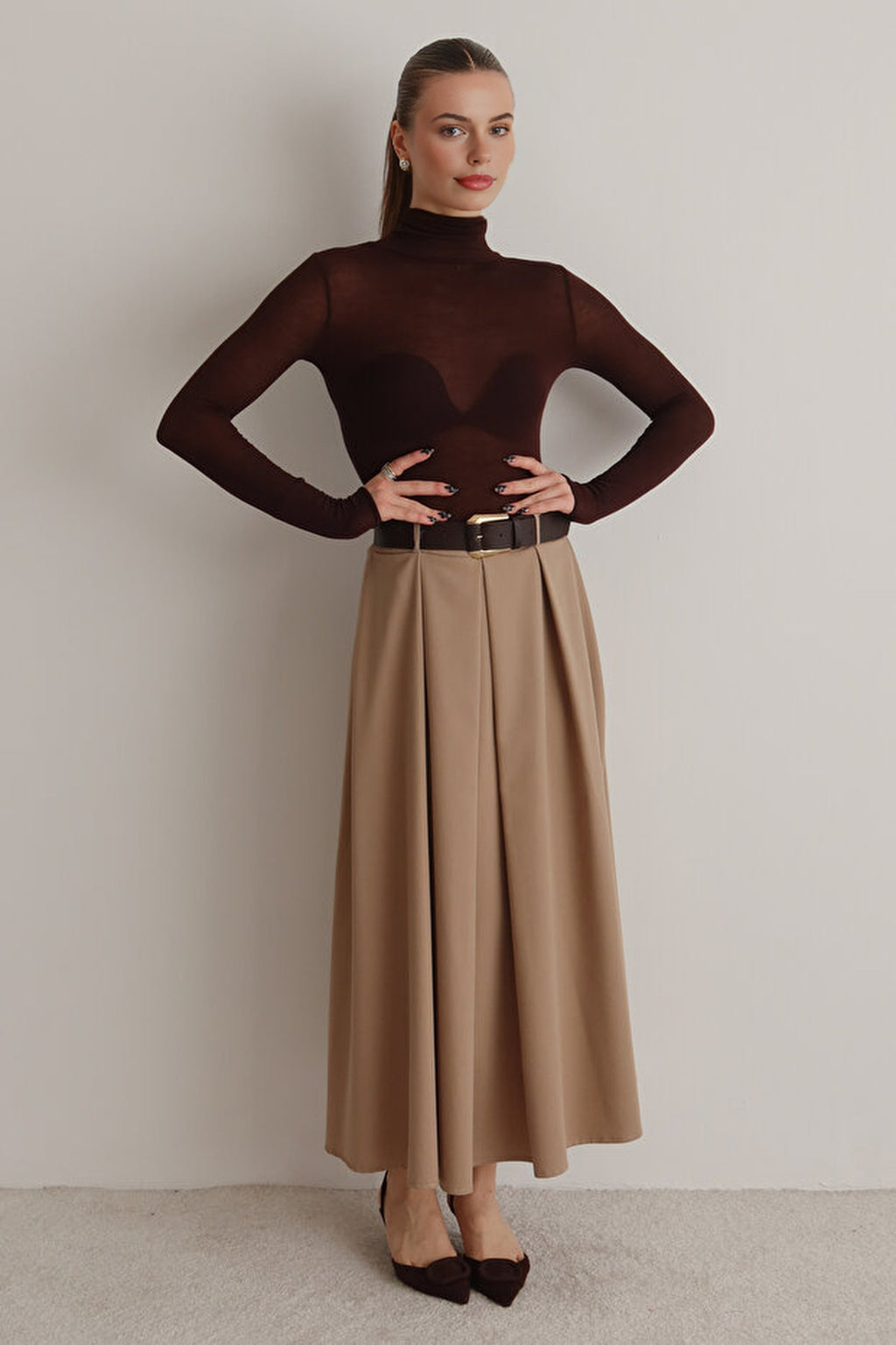 Belted A-line Flared Woven Maxi Long Skirt