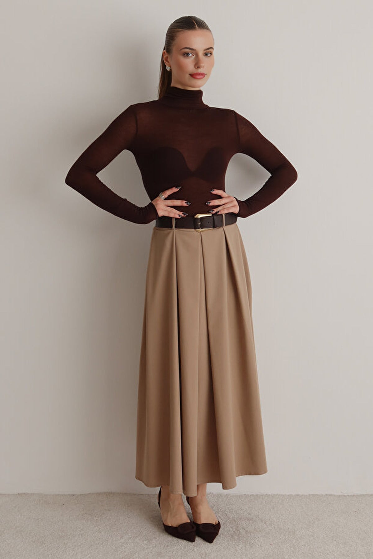 Belted A-line Flared Woven Maxi Long Skirt