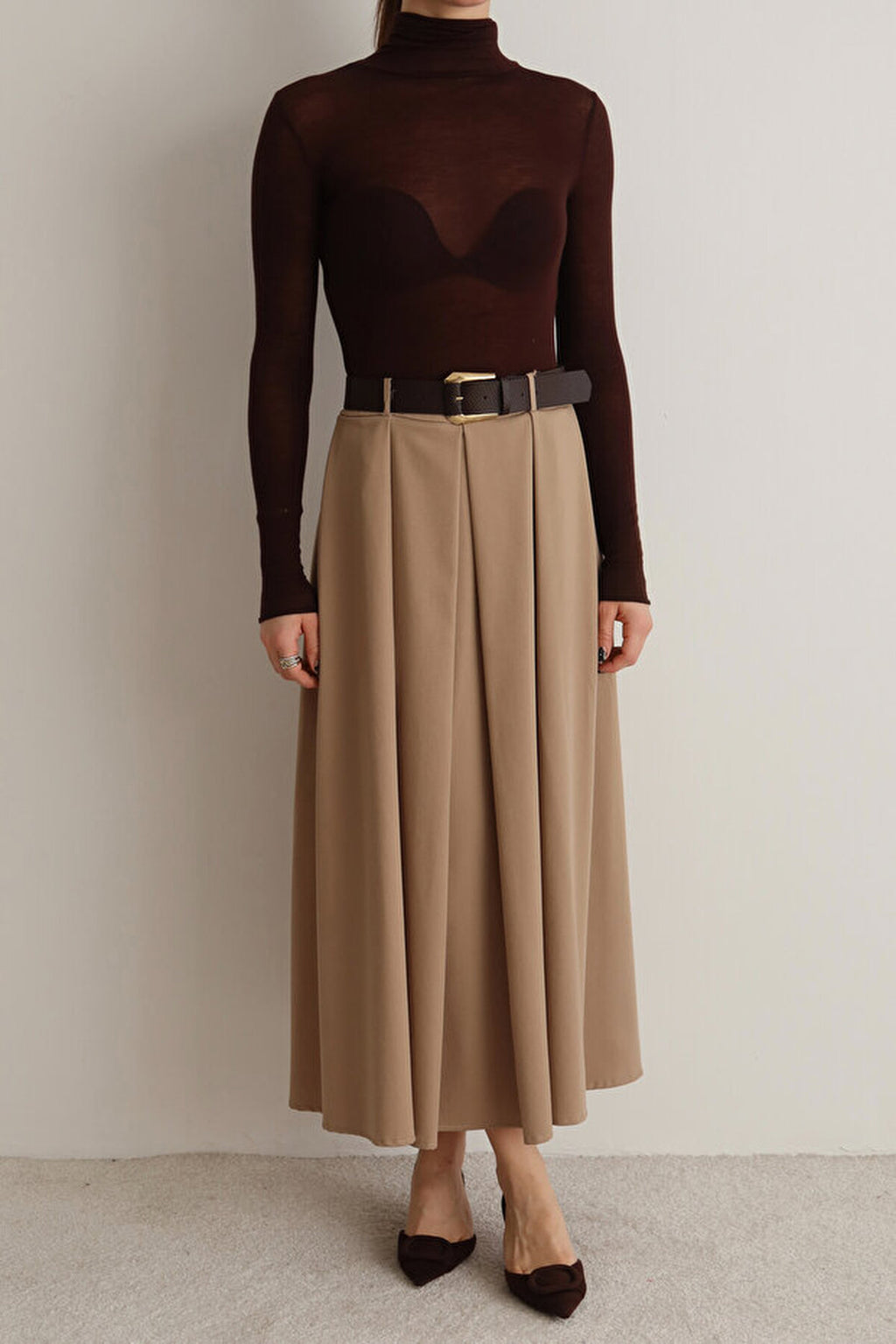 Belted A-line Flared Woven Maxi Long Skirt