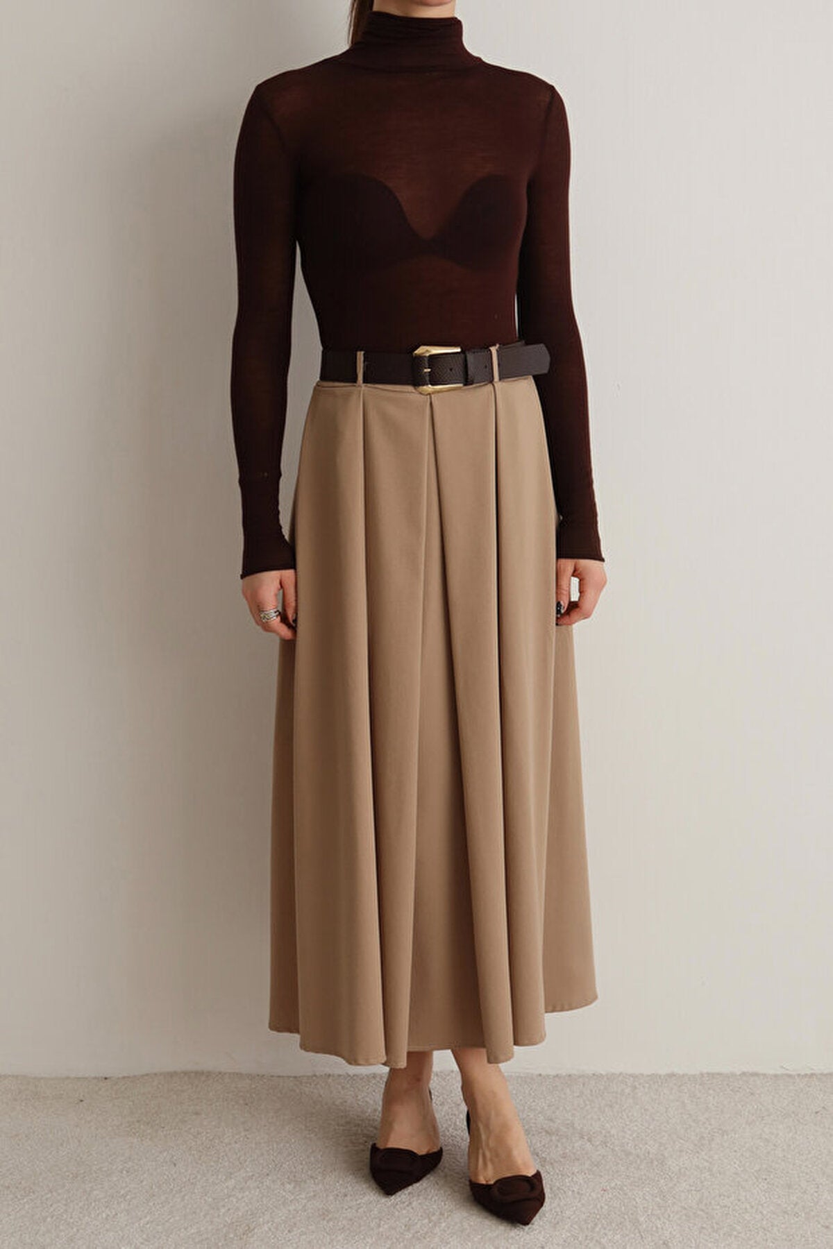 Belted A-line Flared Woven Maxi Long Skirt