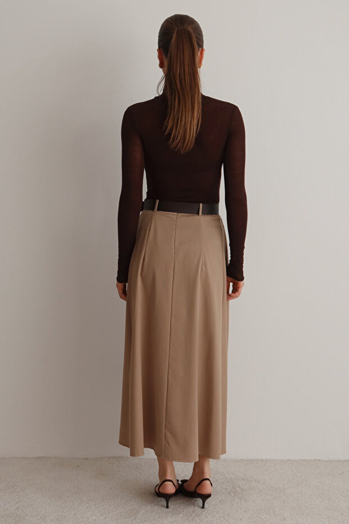 Belted A-line Flared Woven Maxi Long Skirt