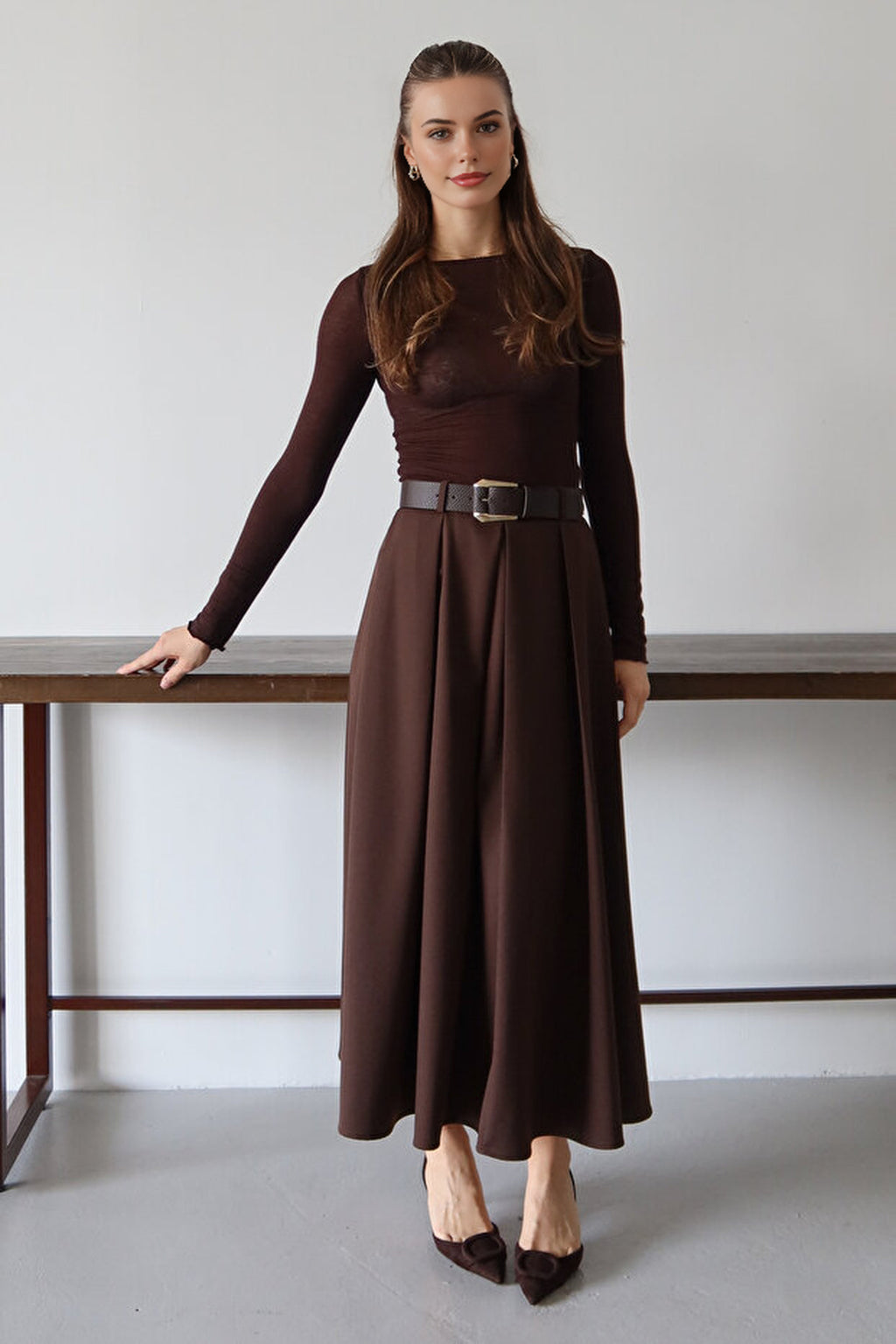 Belted A-line Flared Woven Maxi Long Skirt
