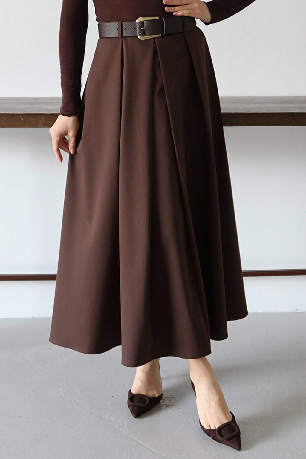 Belted A-line Flared Woven Maxi Long Skirt