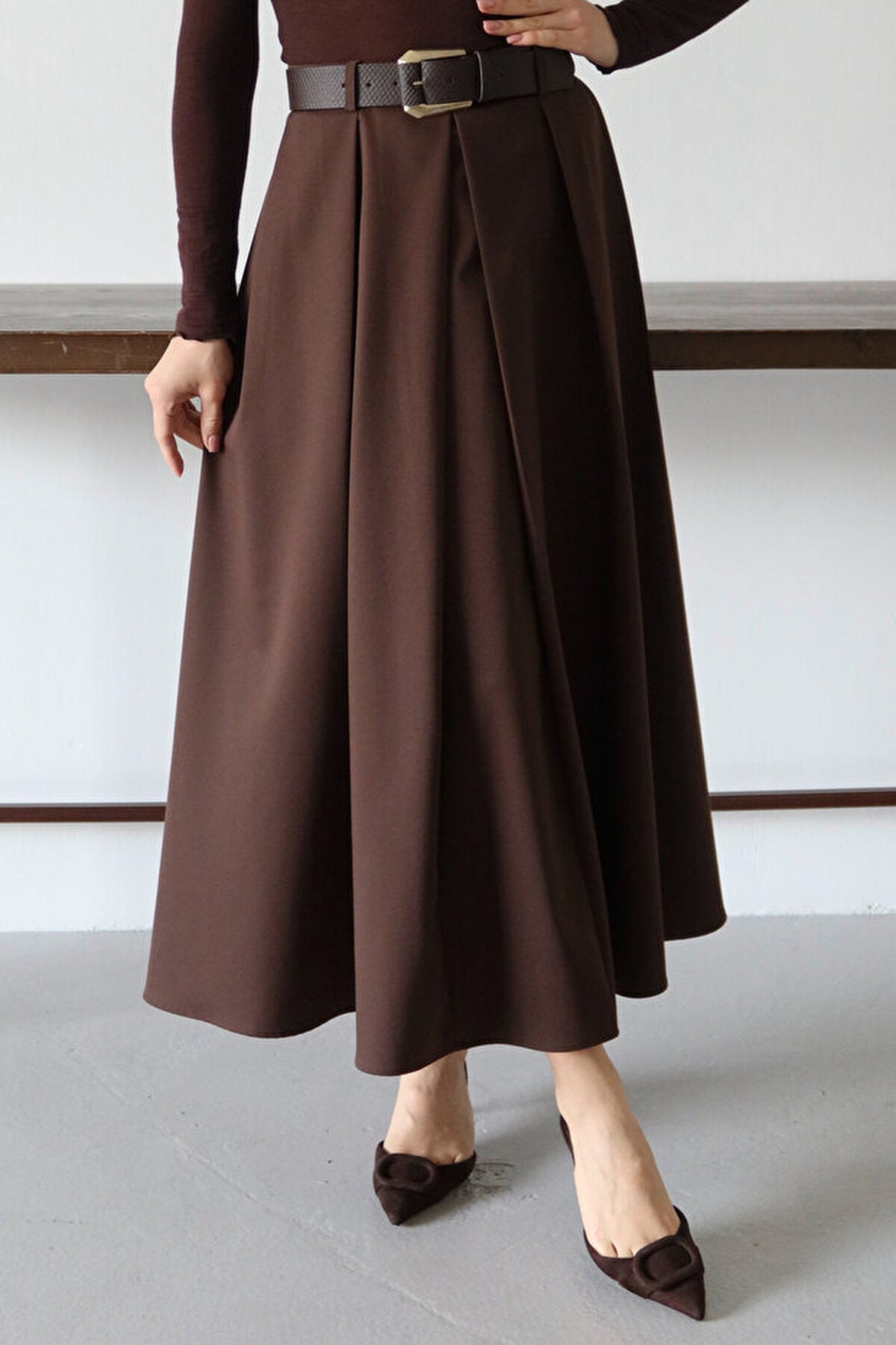 Belted A-line Flared Woven Maxi Long Skirt