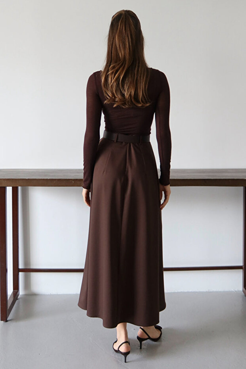 Belted A-line Flared Woven Maxi Long Skirt