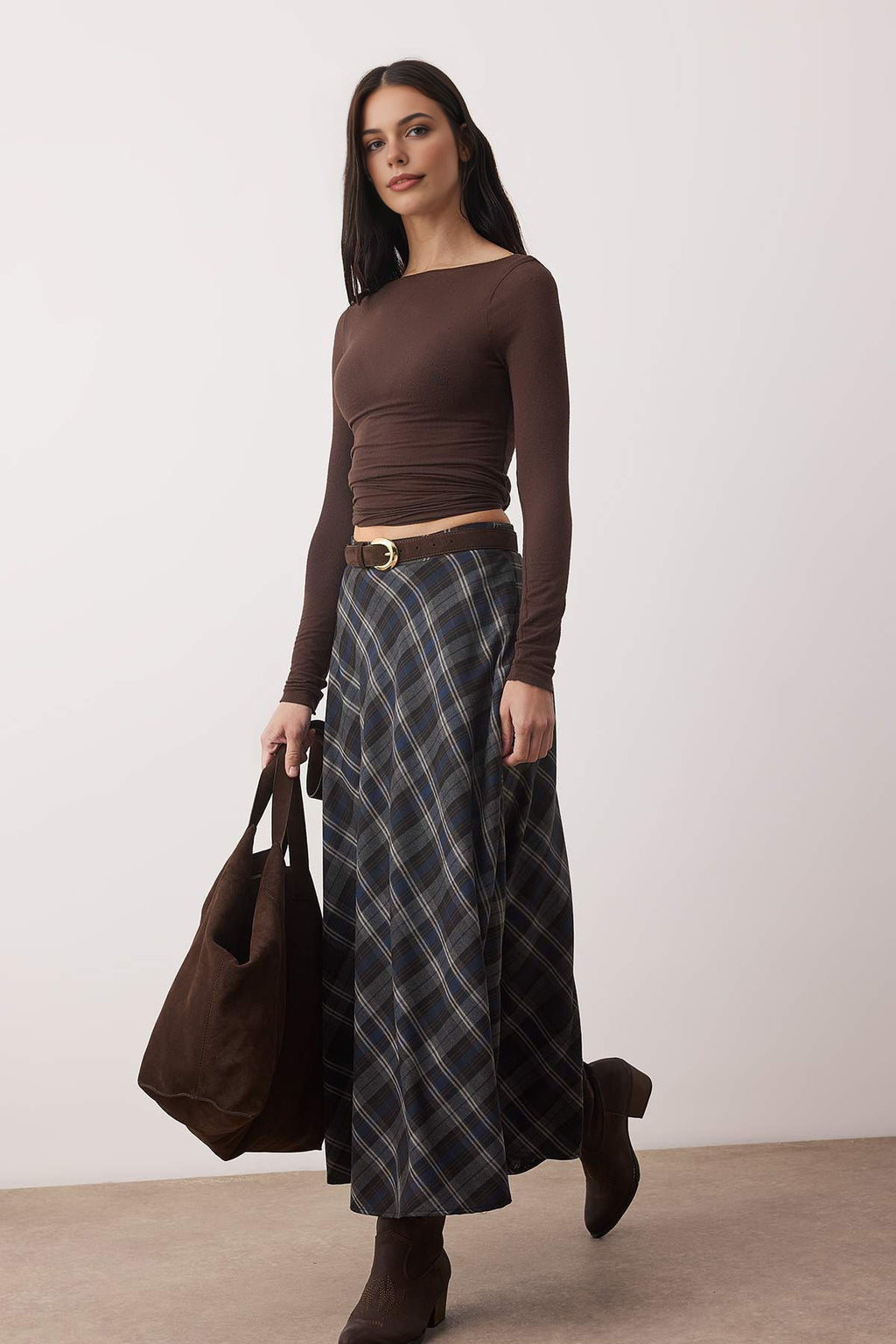 Argyle Woven Long Maxi Flared Skirt