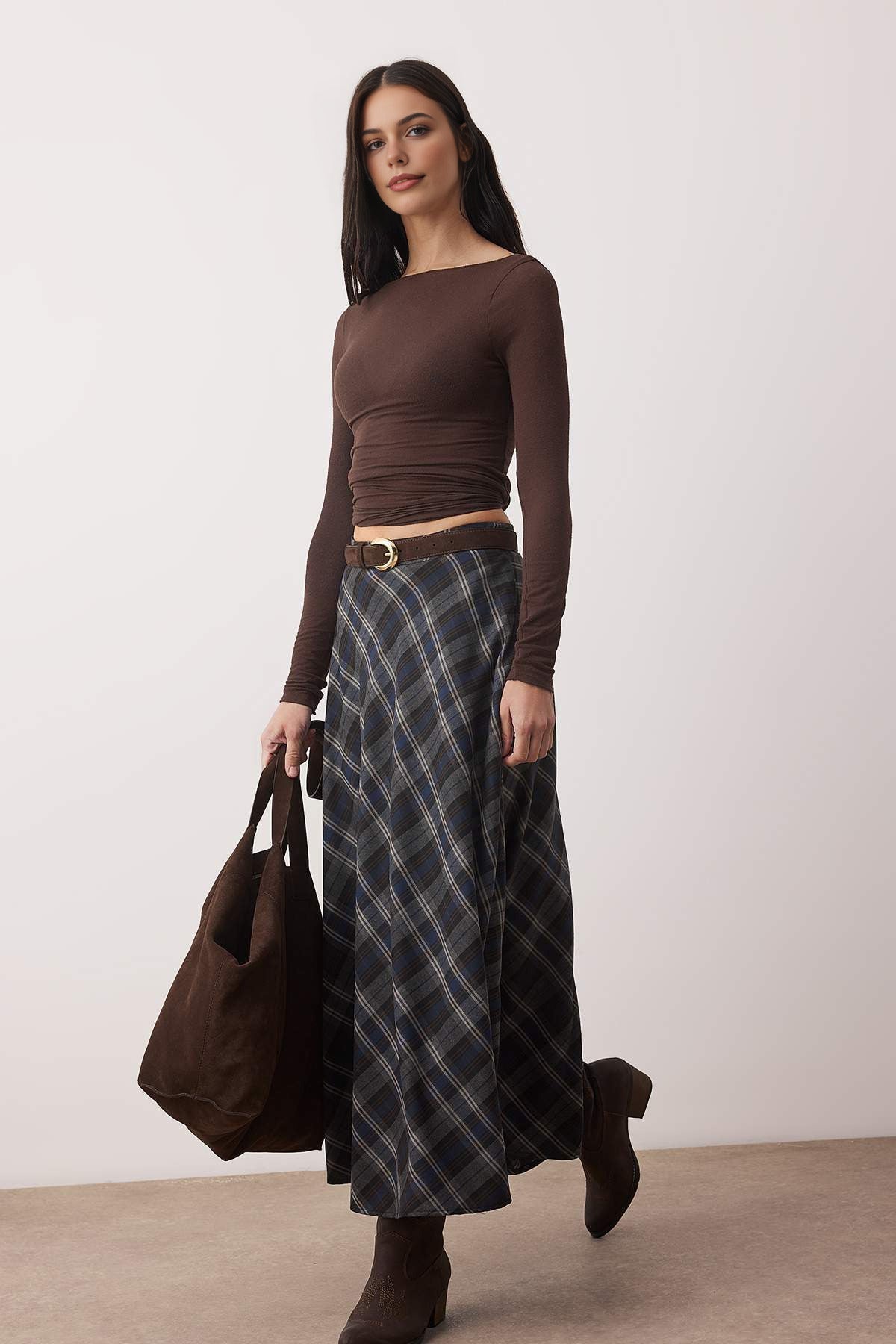 Argyle Woven Long Maxi Flared Skirt