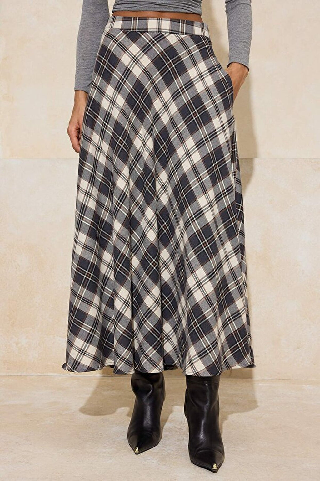 Argyle Woven Long Maxi Flared Skirt