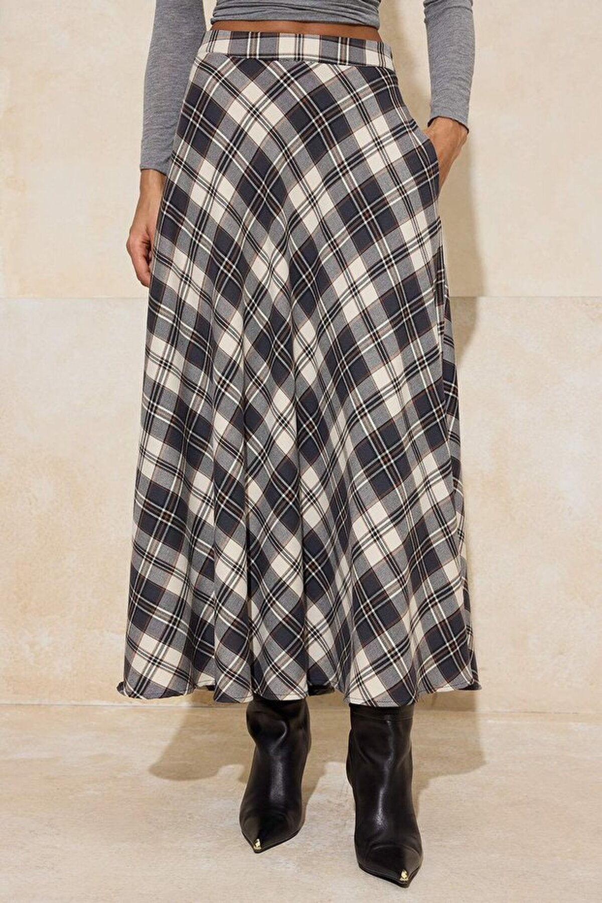 Argyle Woven Long Maxi Flared Skirt