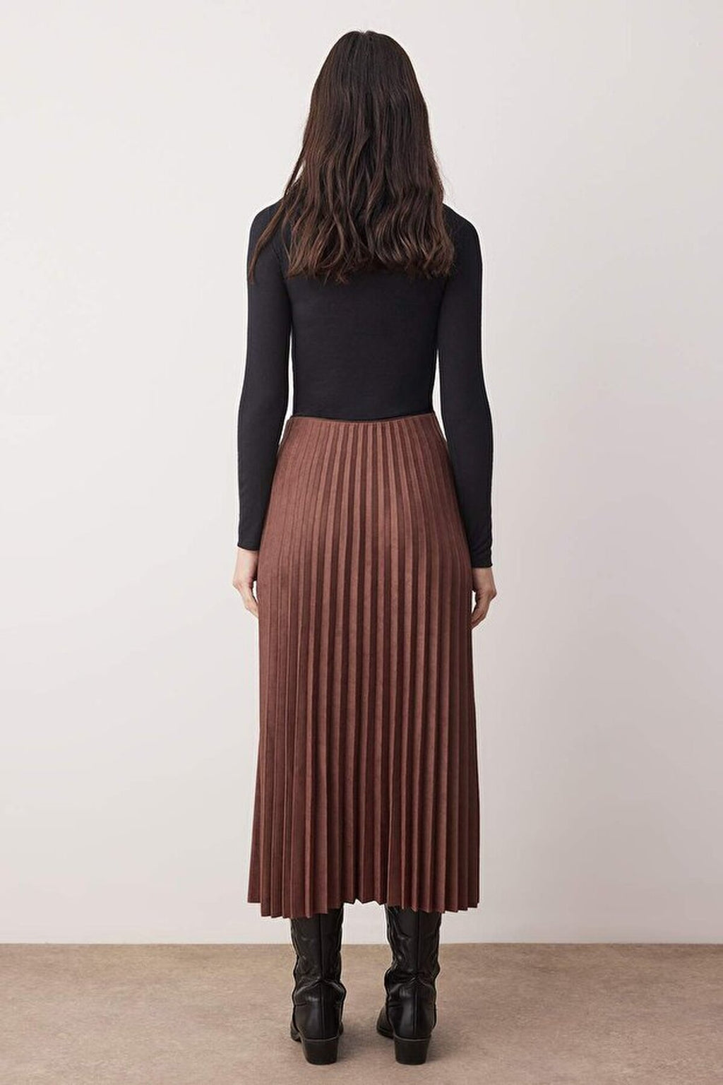 Suede A-line Pleated Maxi Stretch Knit Skirt