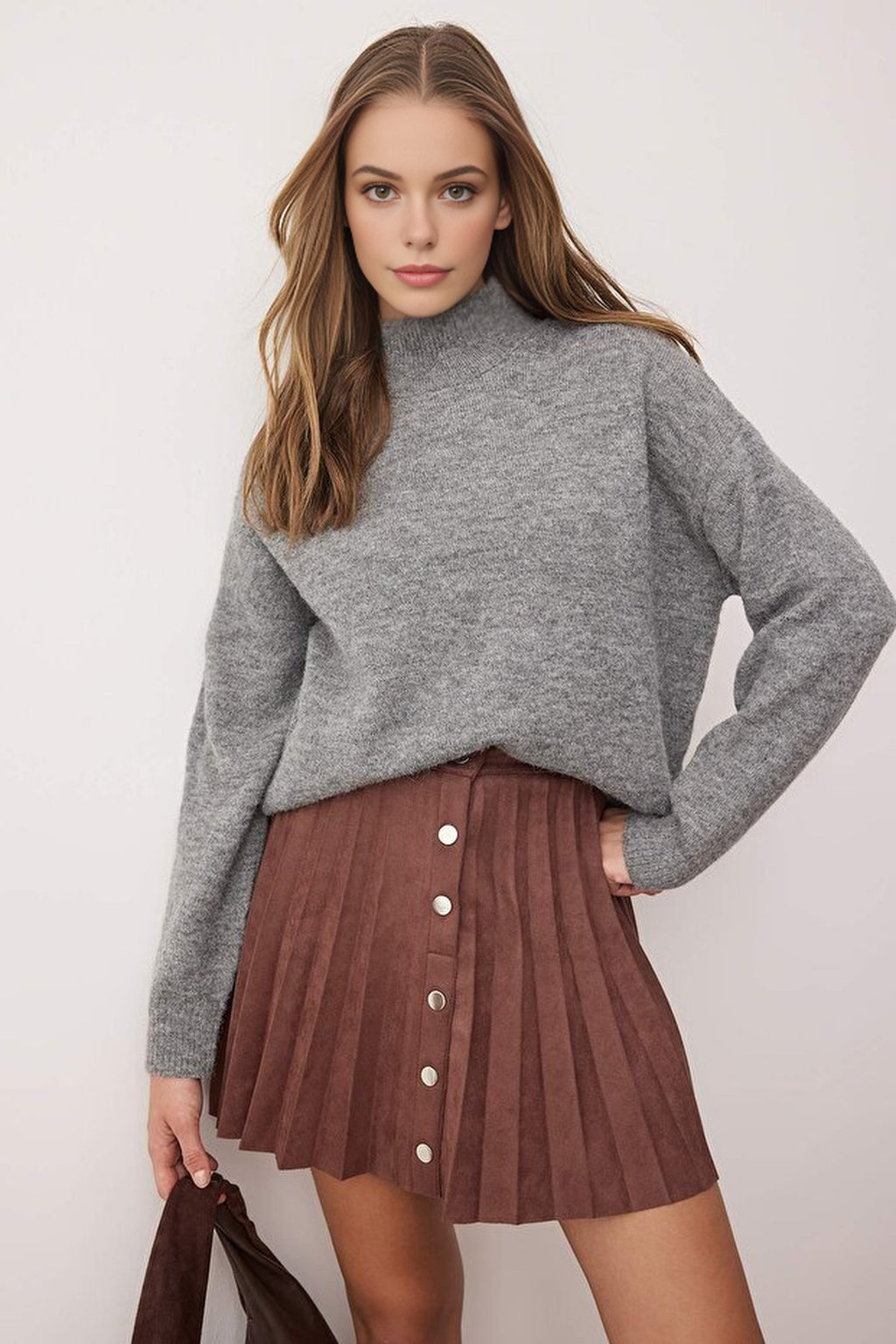 Suede Snap Button A-line Pleated Stretch Mini Skirt