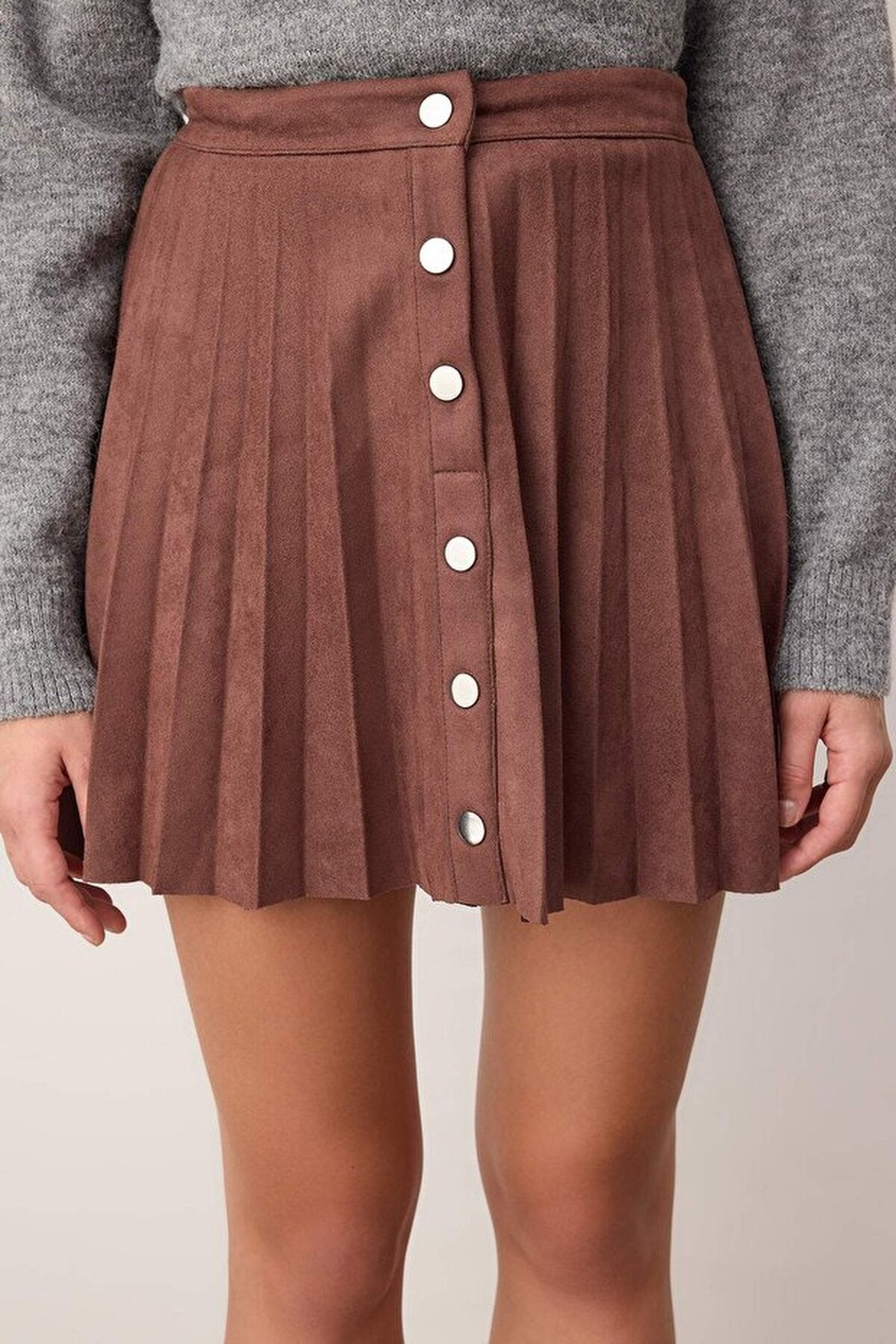 Suede Snap Button A-line Pleated Stretch Mini Skirt